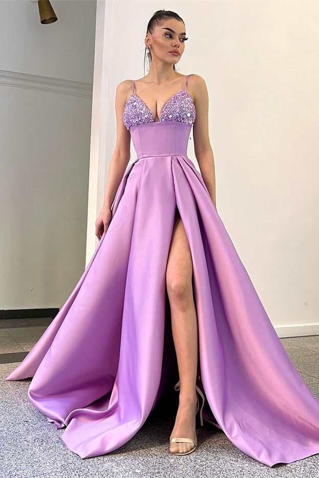 Lavender A-Line Spaghetti-Straps Sequins Evening Dress With Split