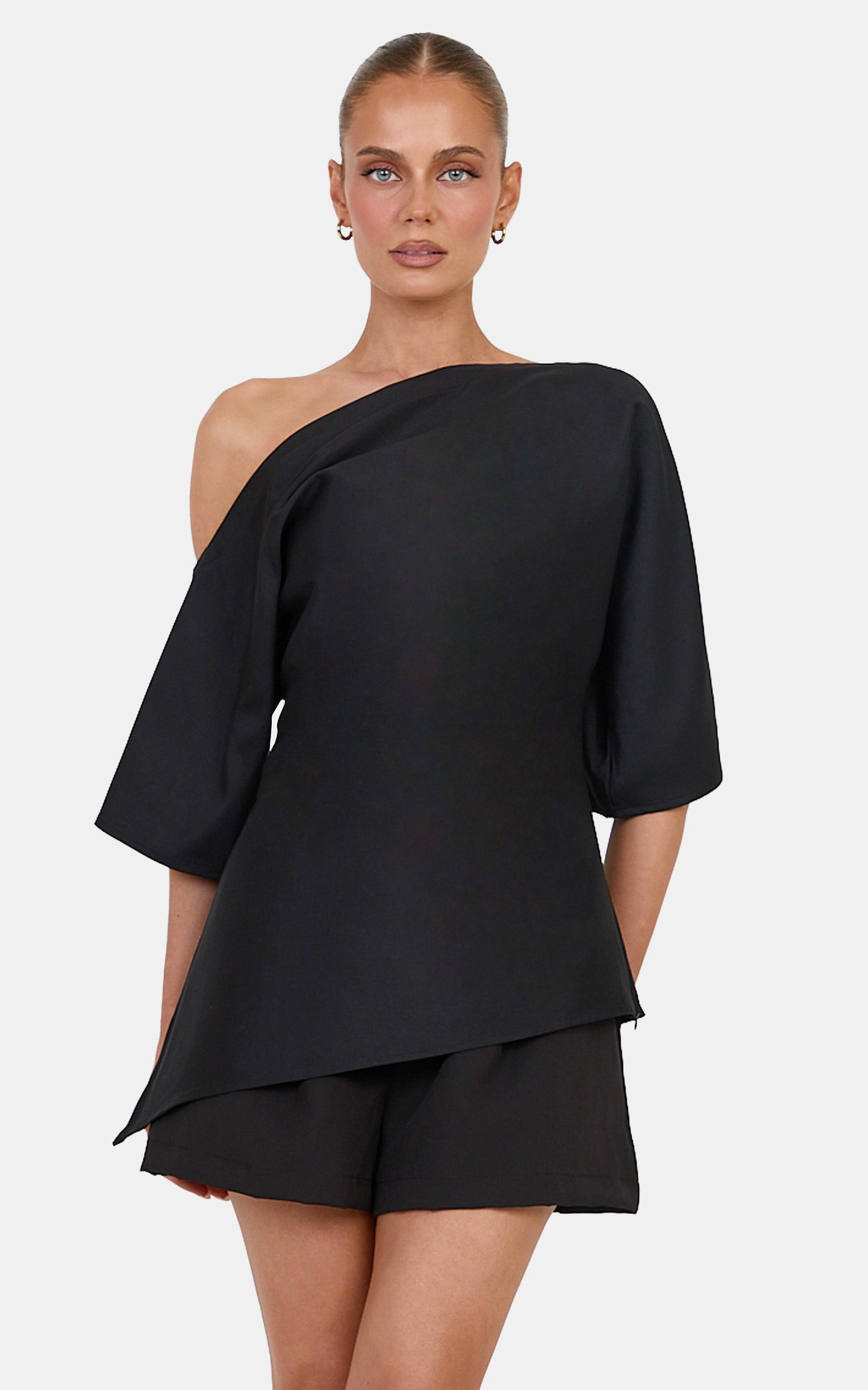 Aubrey Top - Cotton Blend Off Shoulder Cinched Waist Top in Black