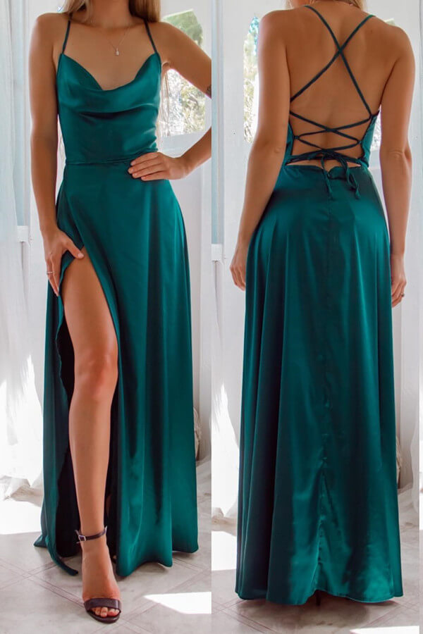 Spaghetti-Straps Dark Green Front Split Evening Dress Strapless