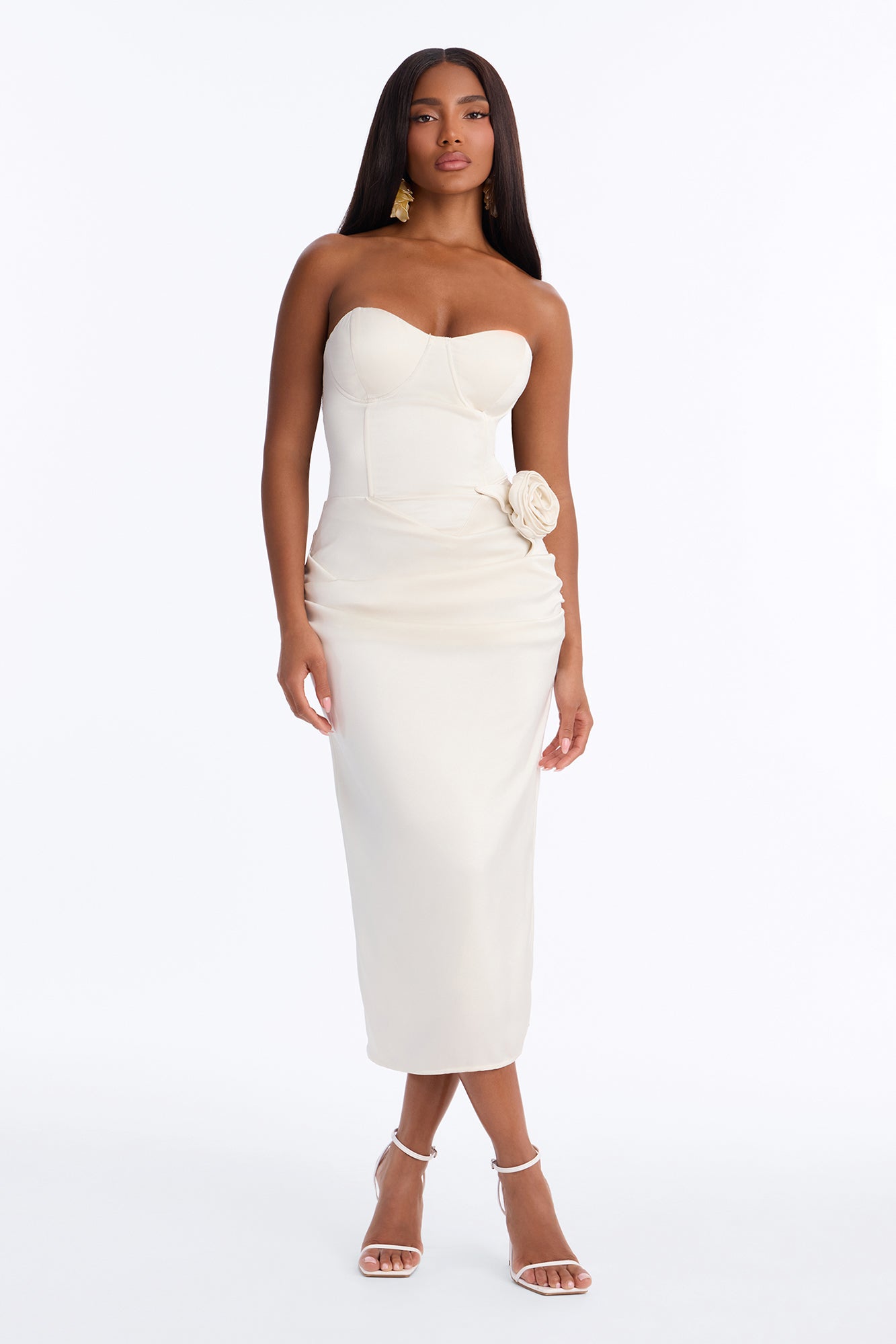 Lexie Satin Strapless Midi Dress - Cream