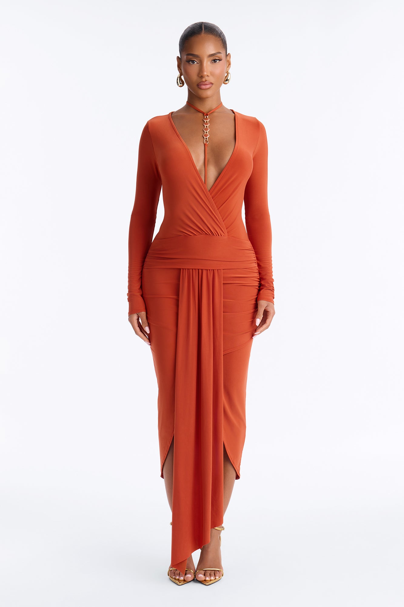 Darling Baby Long Sleeve Draped Midi Dress - Brick Red