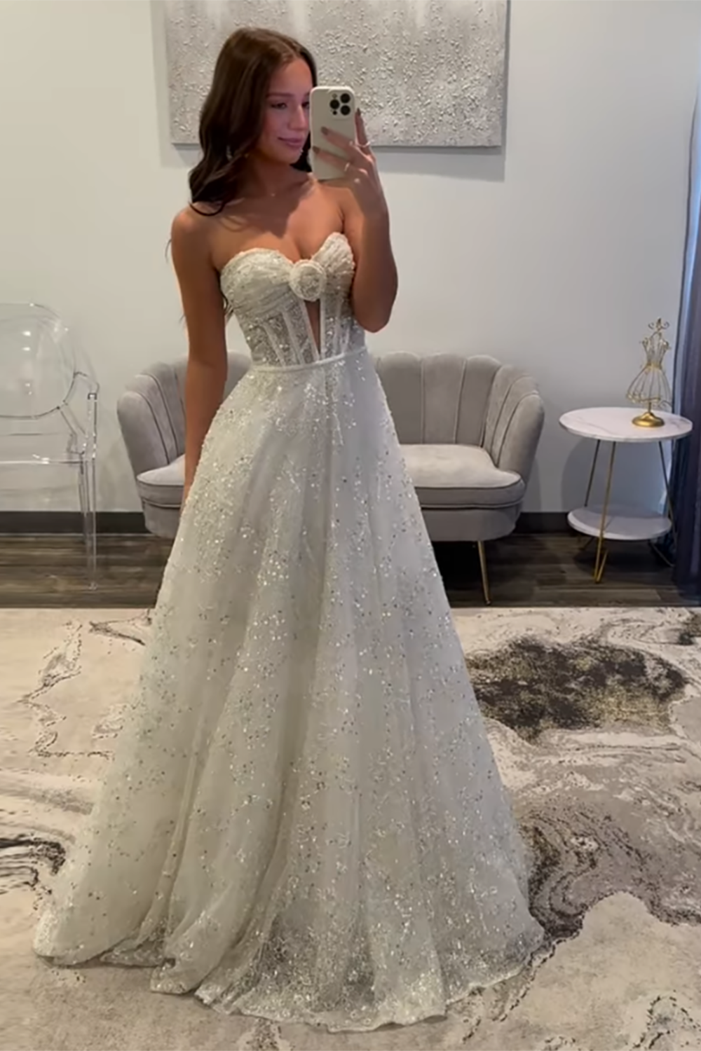 Sweetheart A-Line Long Corset Prom Dress in Glitter White