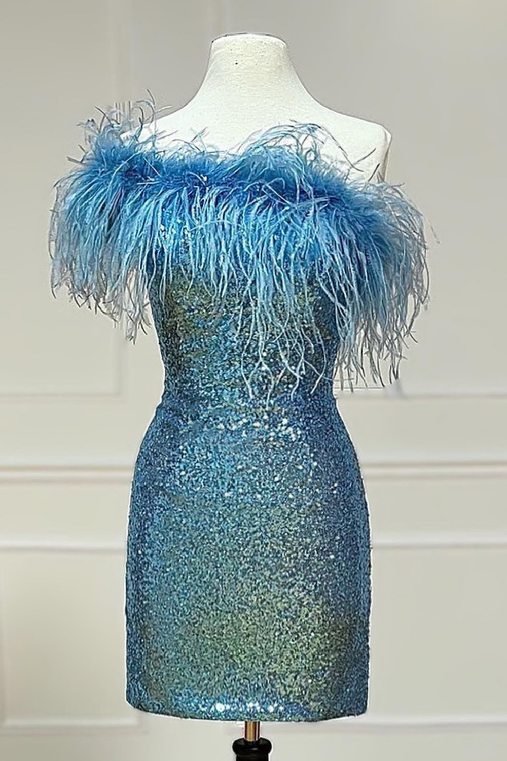 Light Blue Sparkly Tight Sequins Homecoming Dress/Mini Dress with Feathers