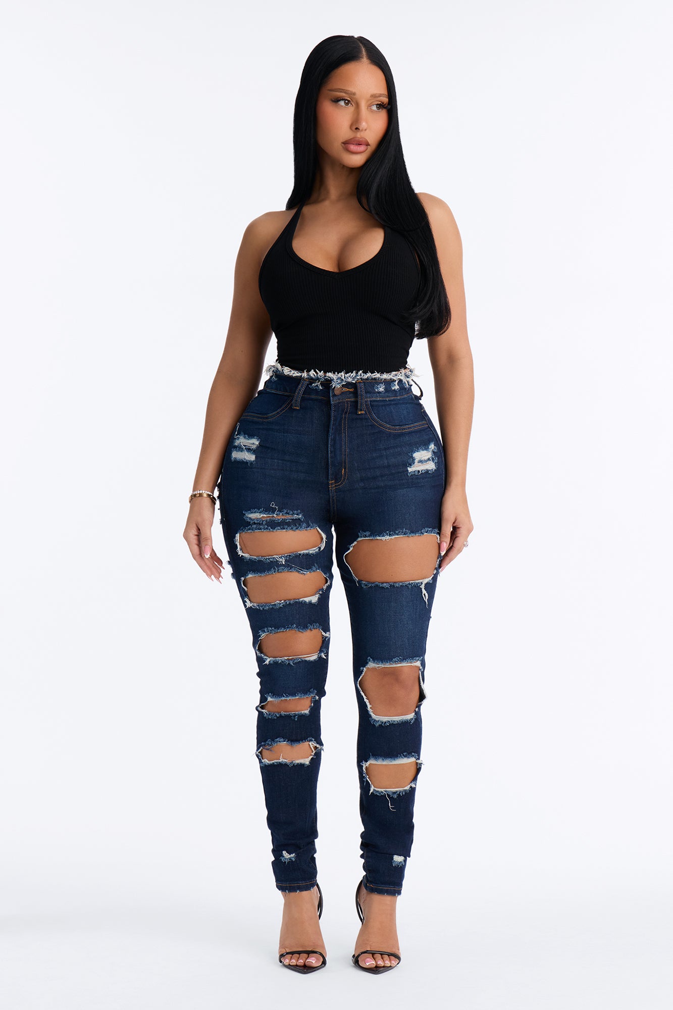 Hot Miami Nights High Rise Destroyed Skinny Jeans - Dark Wash