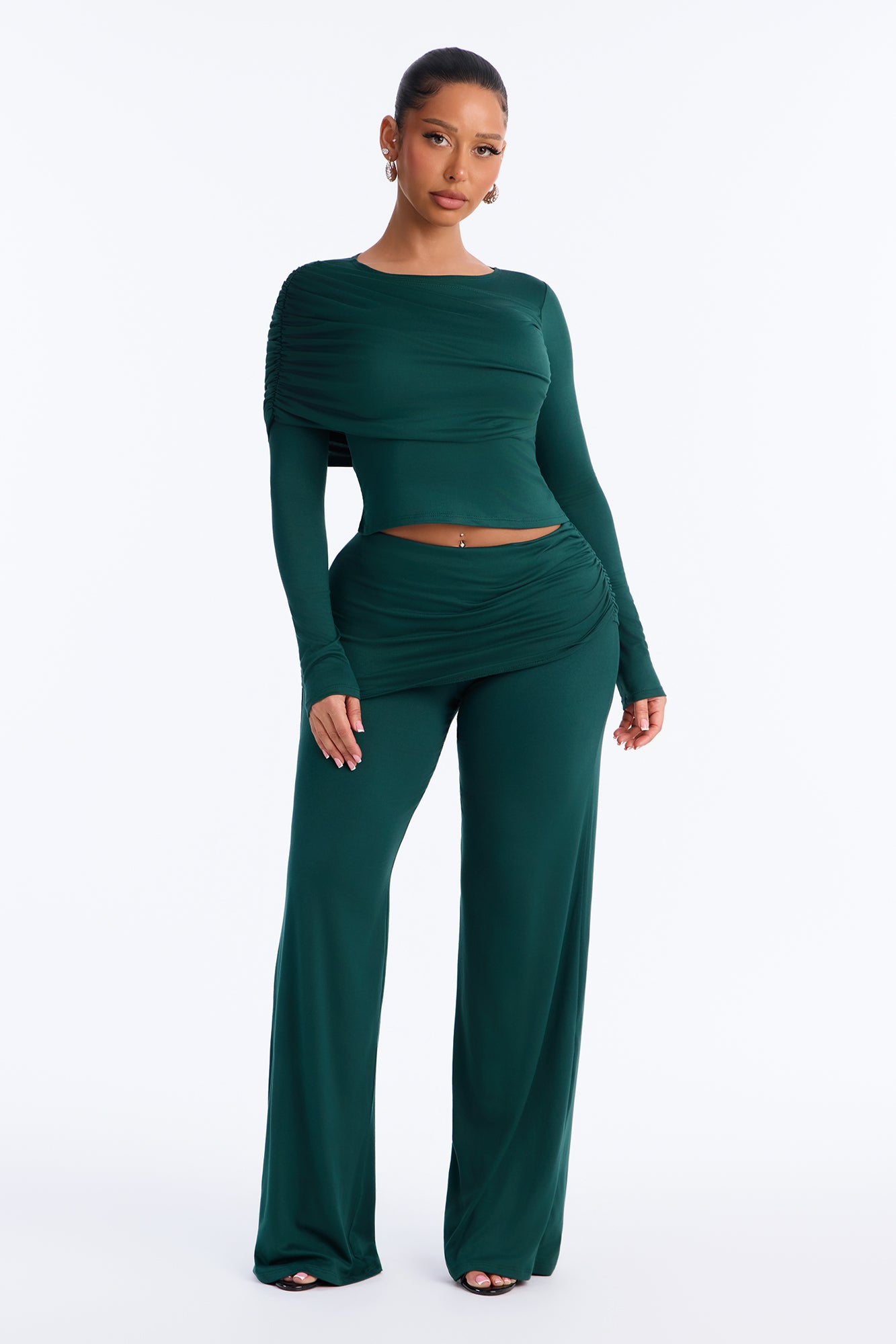 Ava Draped Long Sleeve Pant Set - Hunter