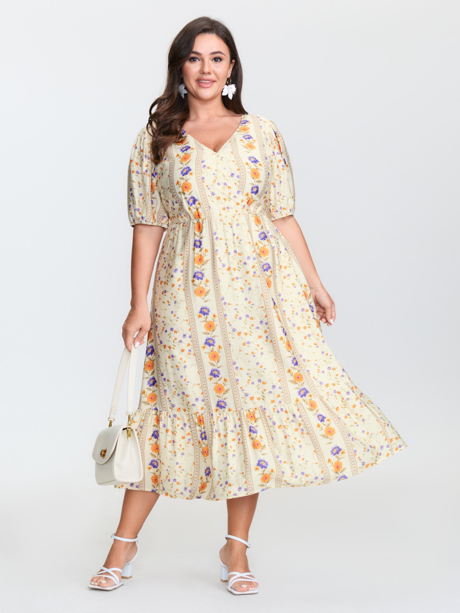 Floral Print Surplice Neck Tie Midi Dress