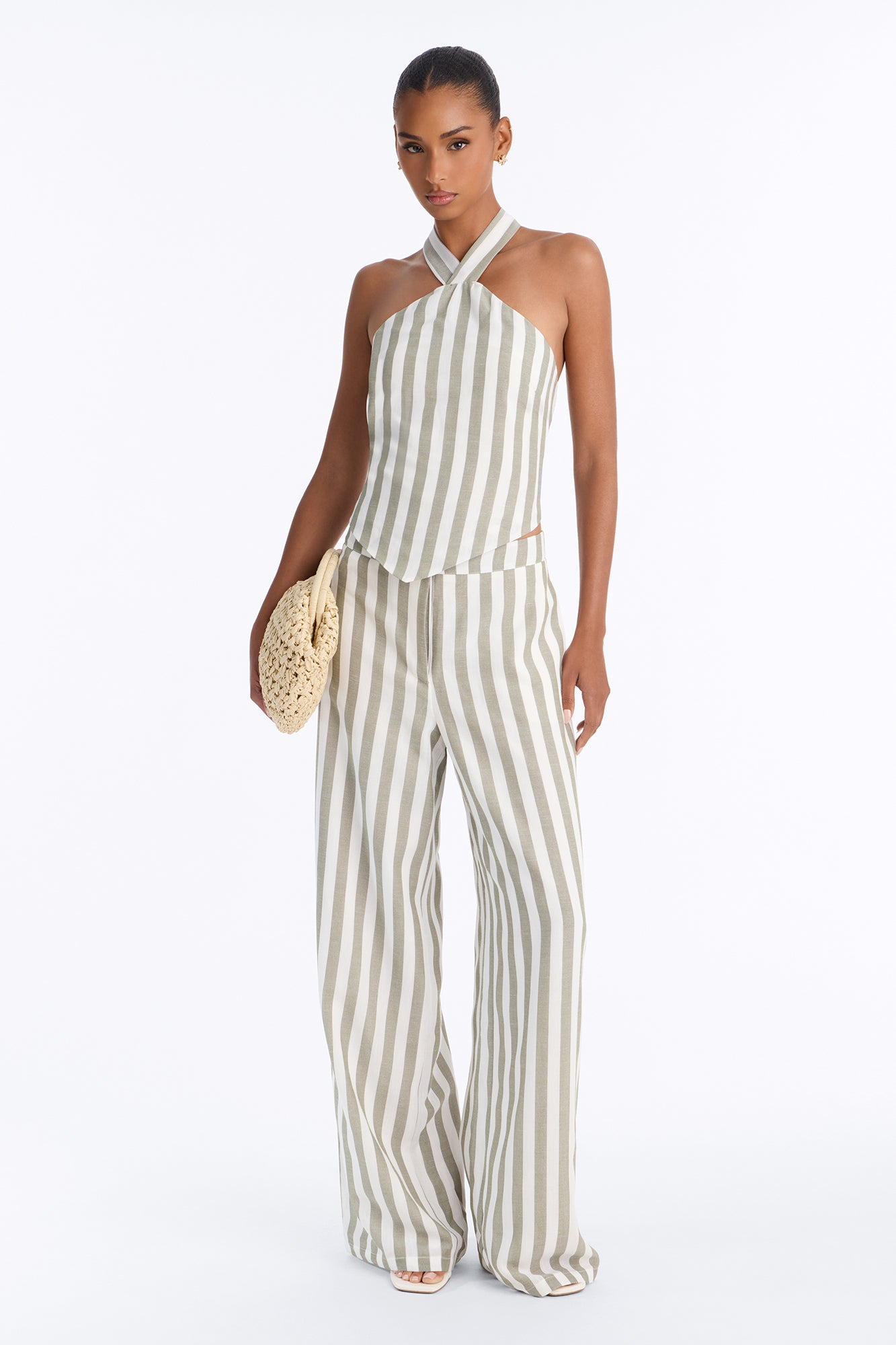 Cruise Attire High Rise Striped Linen Pant 33″ - Olive/combo