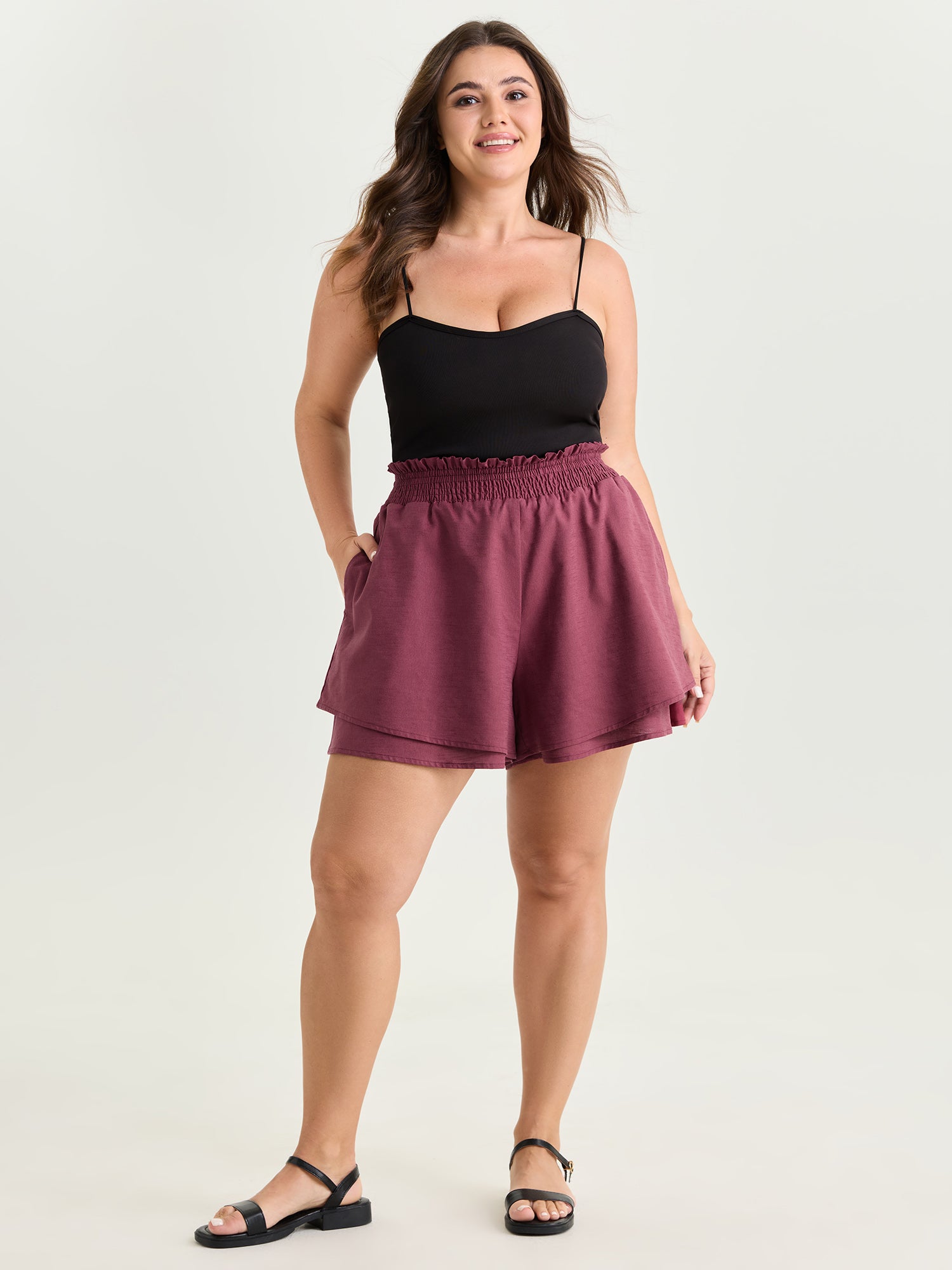Cotton Linen Shirred Waist Shorts