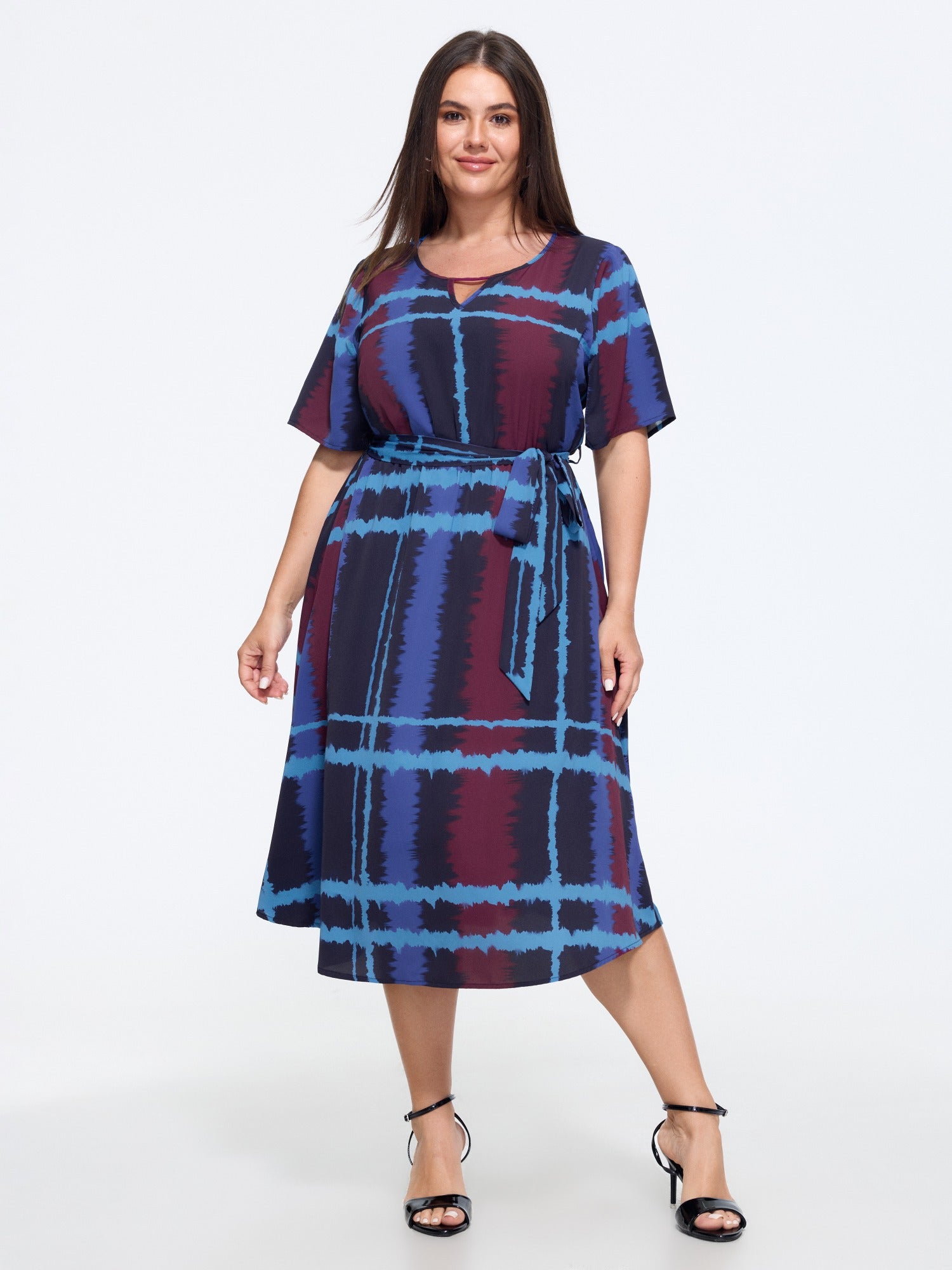 Tie‑Dye Plaid Print Belted Midi Dress