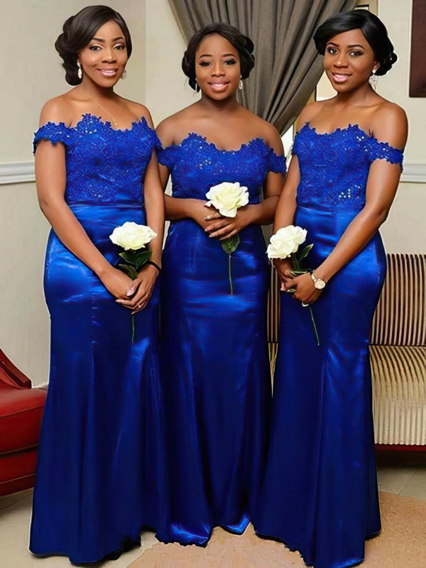 Elegant Off-The-Shoulder Mermaid Satin Lace Bridesmaid Dresses with Appliques