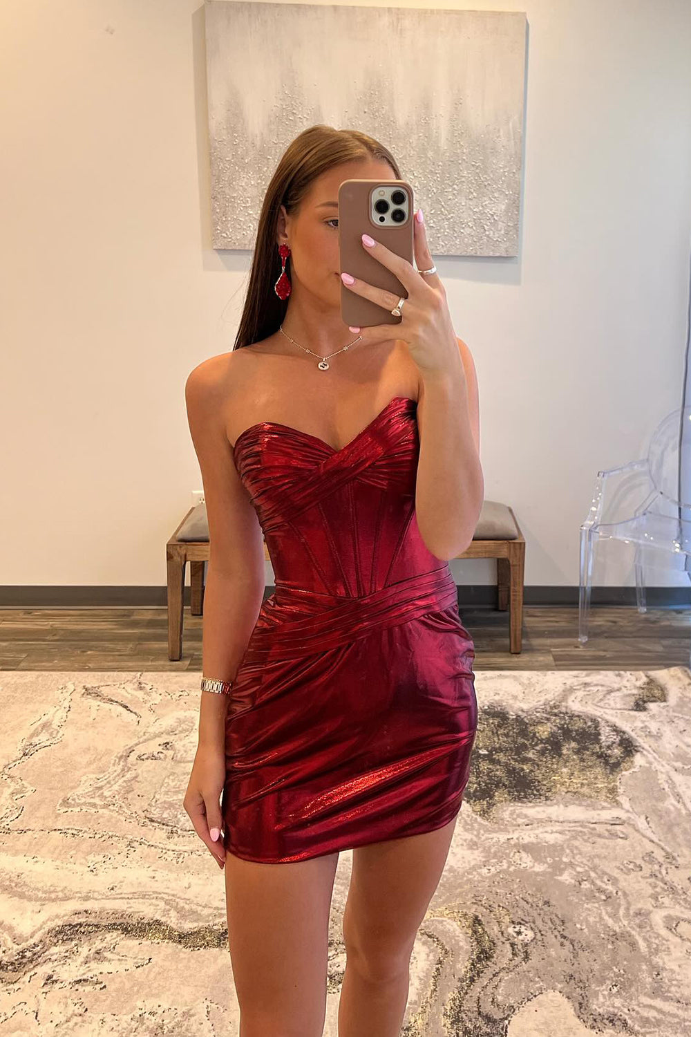 Strapless Burgundy Satin Corset Tight Short Homecoming Dress/Mini Dress