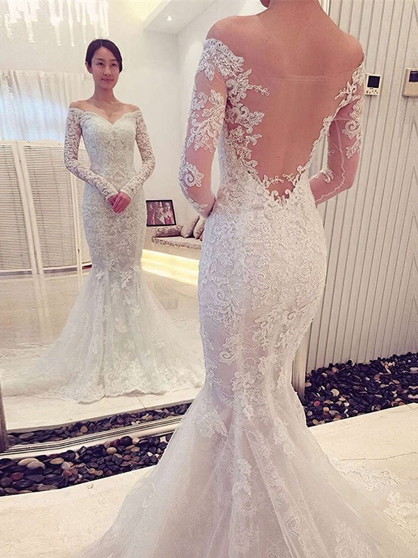 Charming Mermaid Off-The-Shoulder Tulle Lace Chapel Train Wedding Dresses with Appliques
