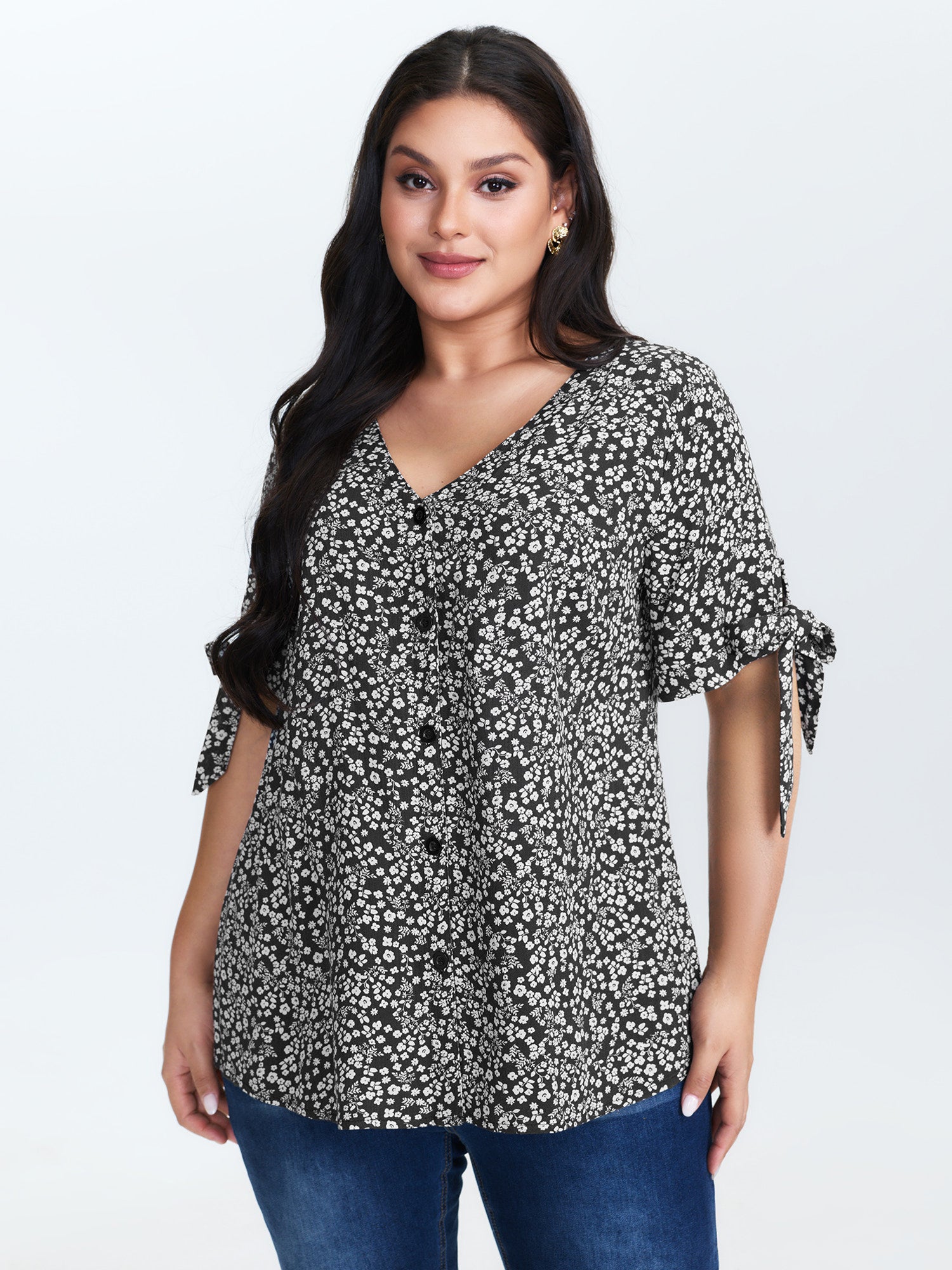 Rayon Floral Print Sleeve-Tie Blouse