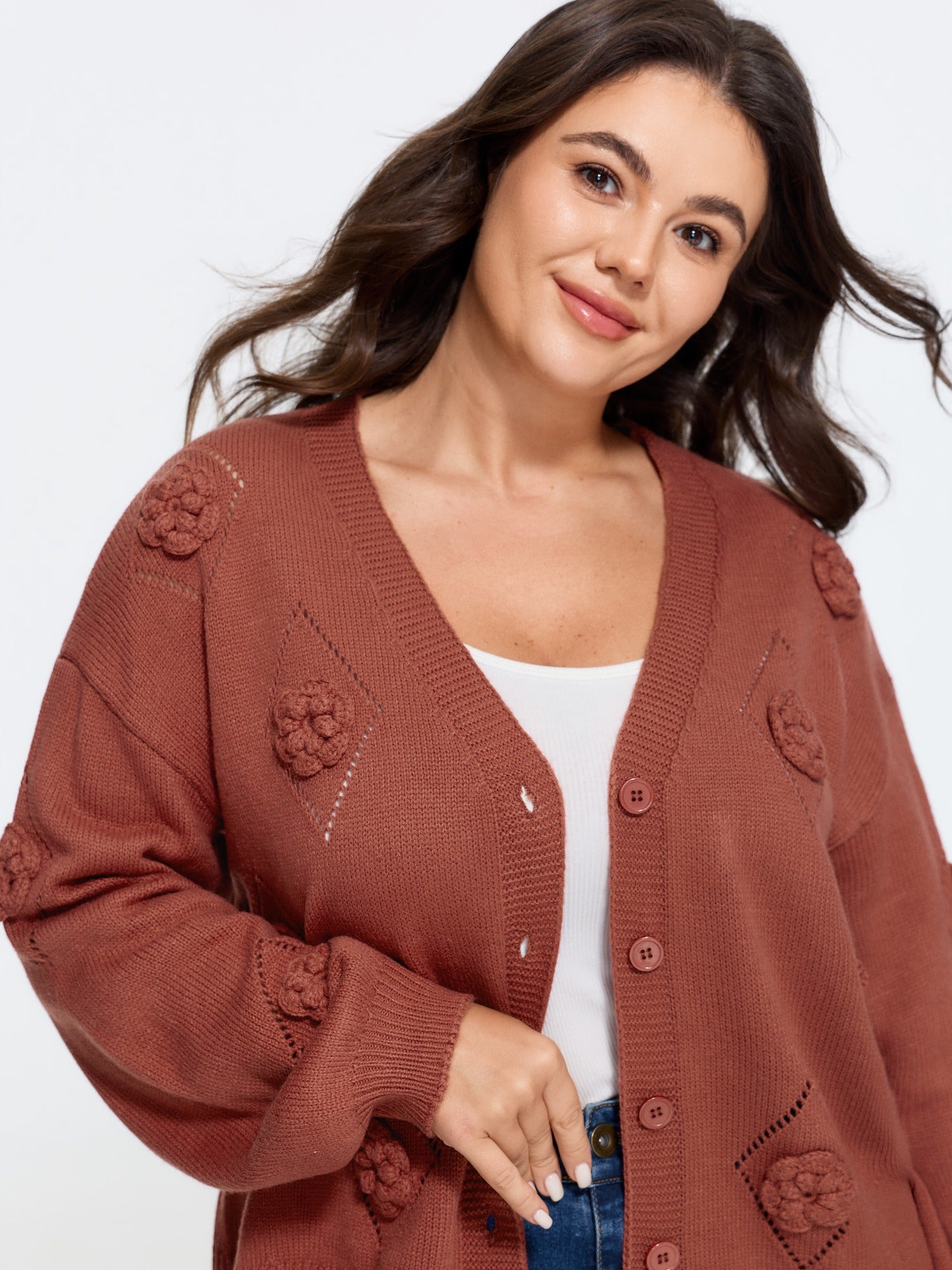 Floral Crochet V Neck Button Front Knit Cardigan