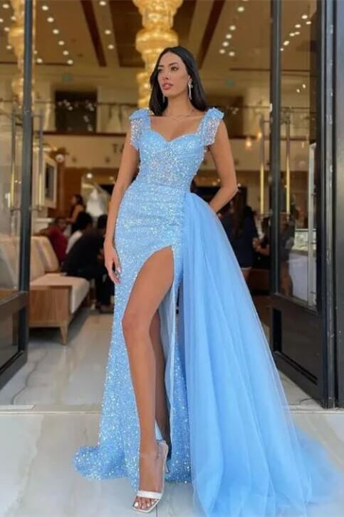 Modern Slit Sky Blue Sweetheart Sequins Straps Mermaid Evening Dress Tulle With Detachable Ruffles