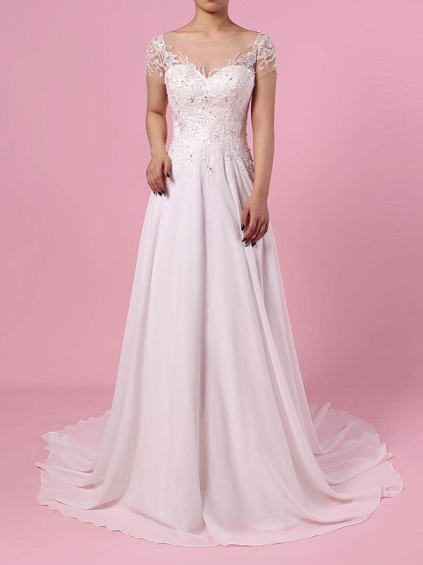 Elegant A-Line Crew Short Sleeves Chiffon Sweep Train Wedding Dresses with Beads