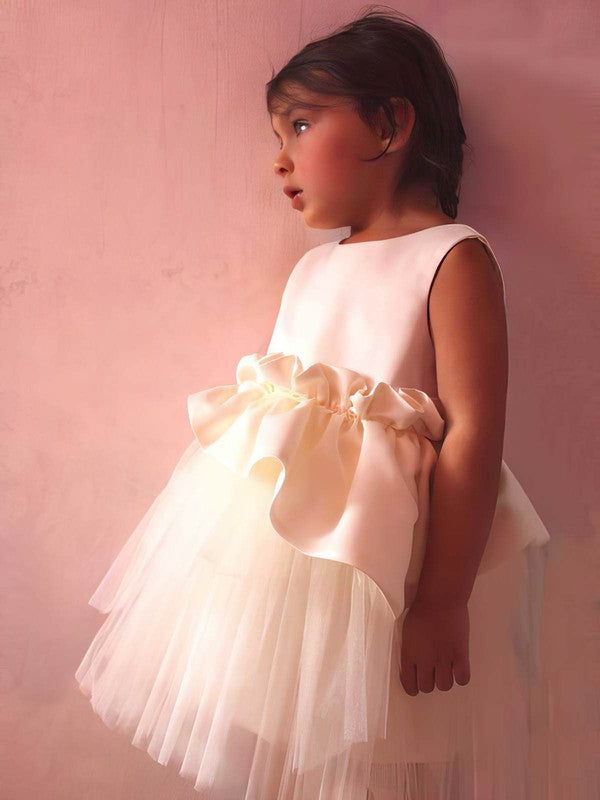 Exquisite Satin Tulle Tea-Length Ball Gown Flower Girl Dresses with Ruffles