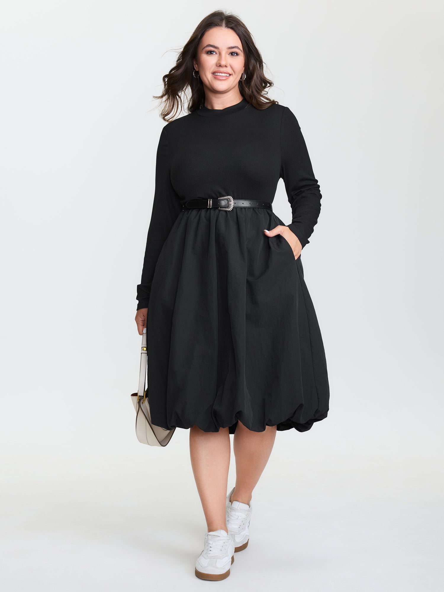 Bubble Hem Skirt Mock Neck Midi Dress