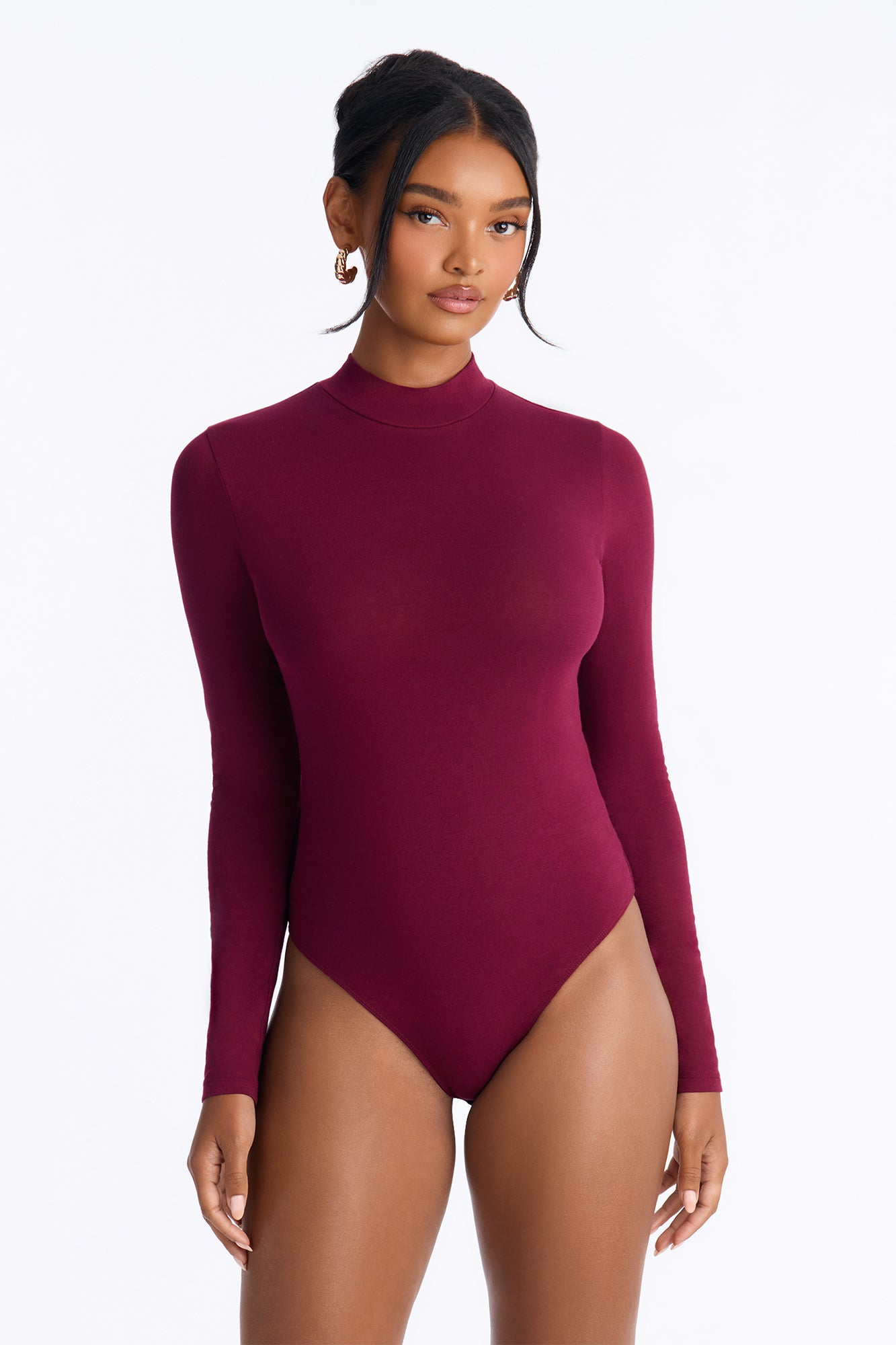 Mock Neck Cotton Blend Bodysuit - Burgundy