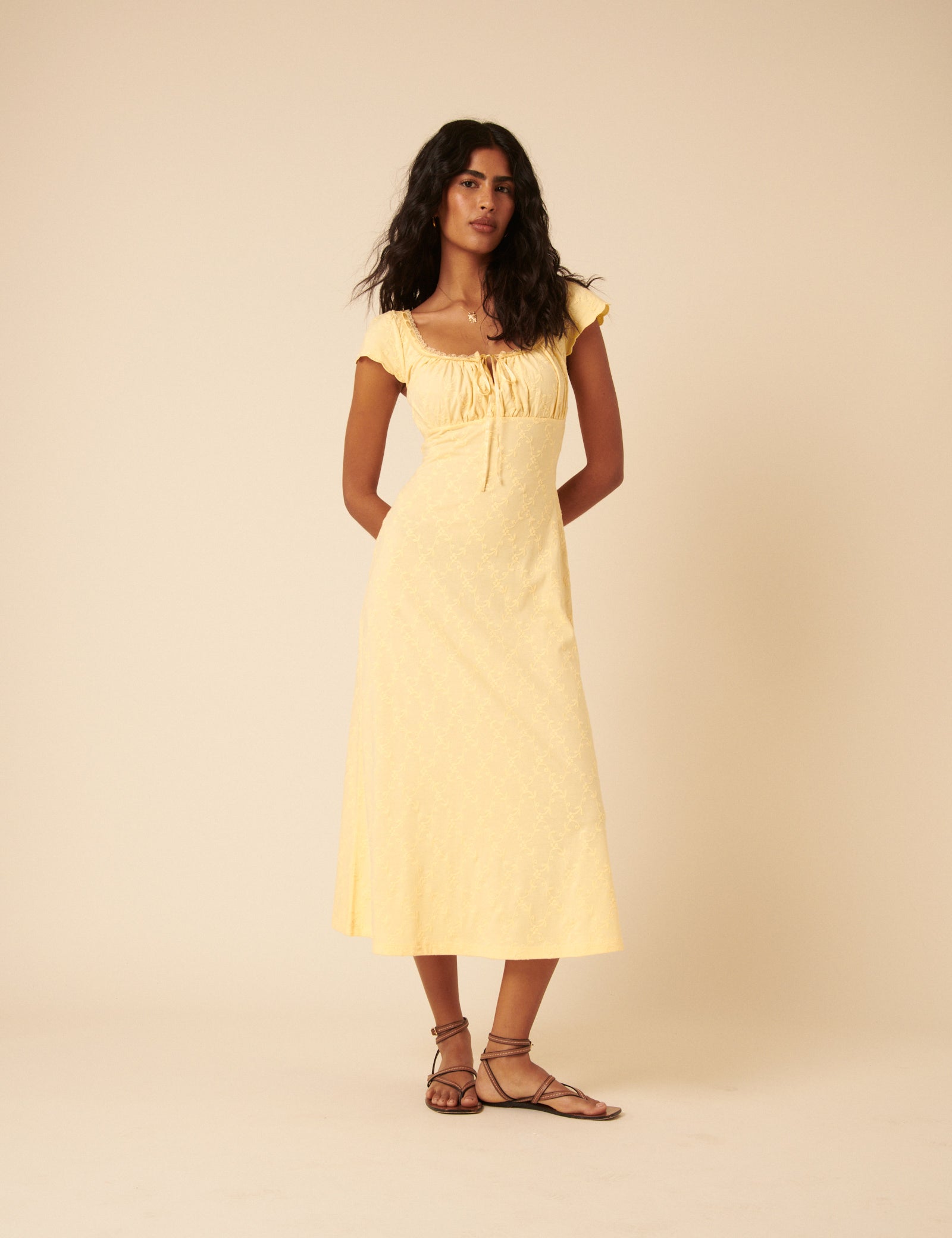 Lemon Yellow Lace Trim Melissa Midi Dress