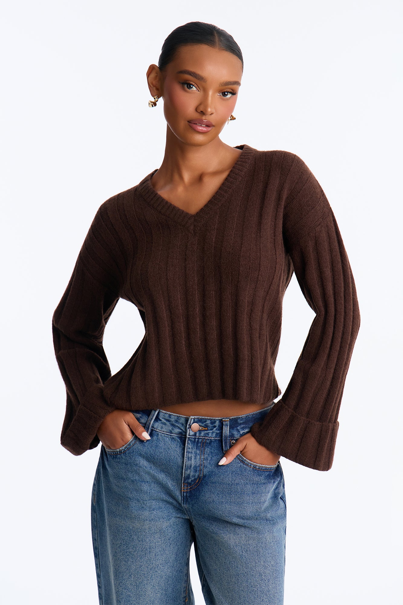 Coffee And Croissants Long Sleeve Pullover Sweater - Chocolate