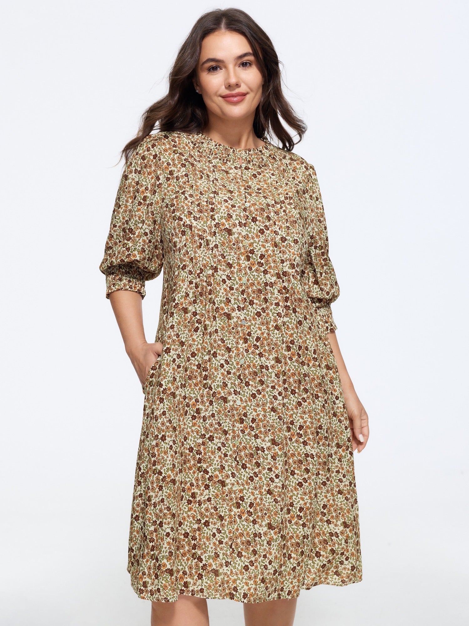 Supersoft Floral Print Ruffle Neck Half Button Midi Dress