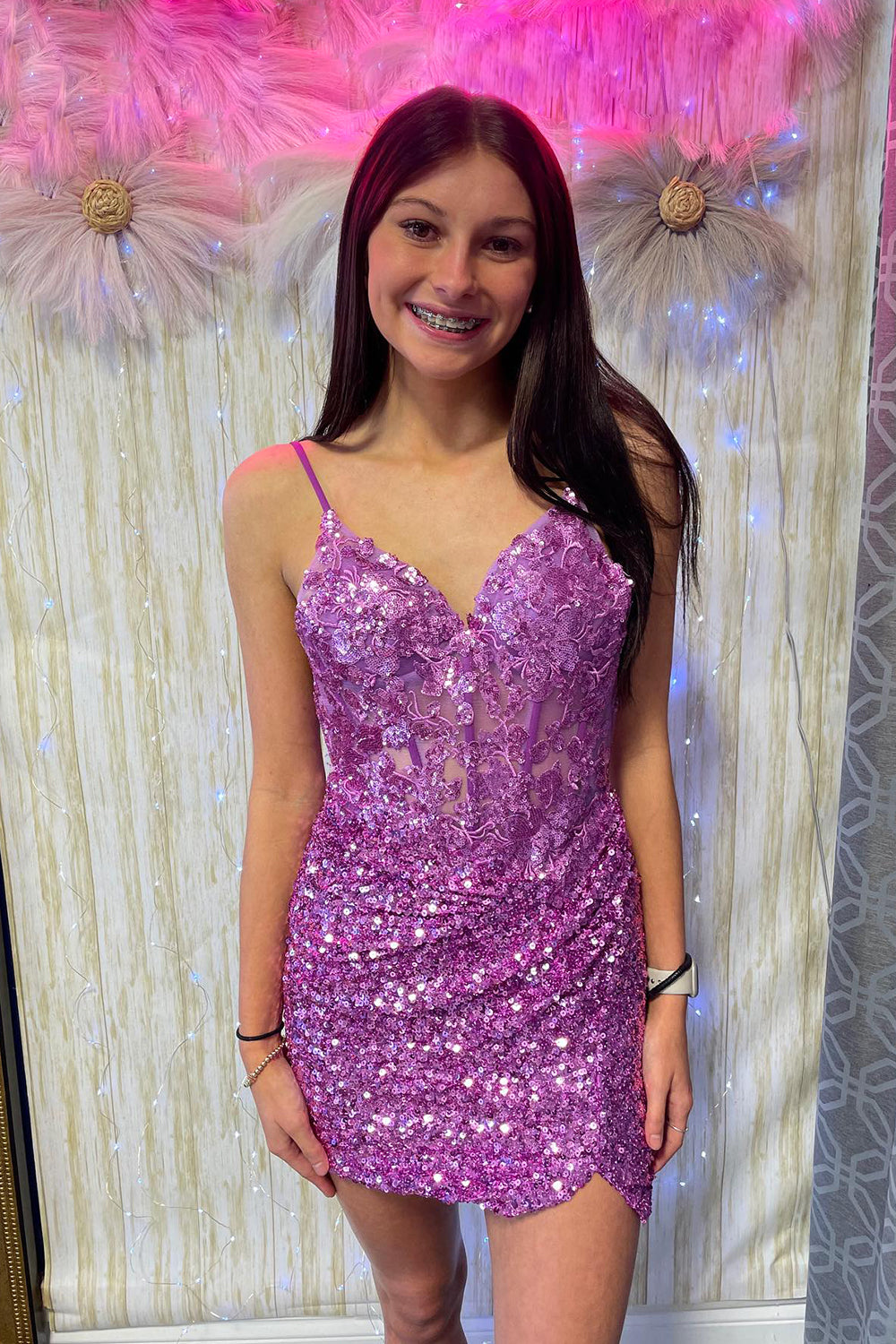 Sparkly Orchid Sequins Corset Tight Short Homecoming Dress/Mini Dress