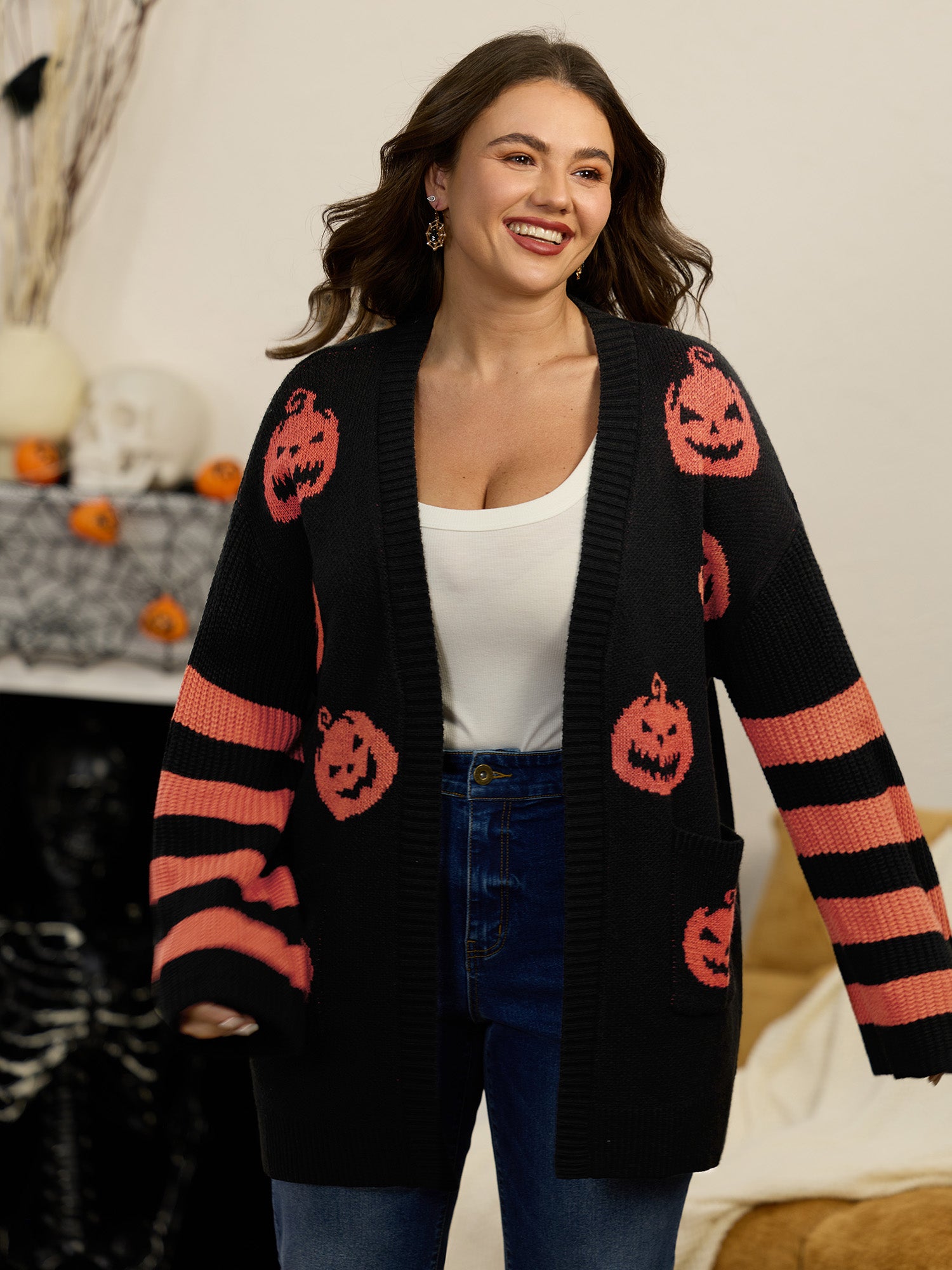 Jack‑O‑Lantern Jacquard Pocket Open‑Front Cardigan
