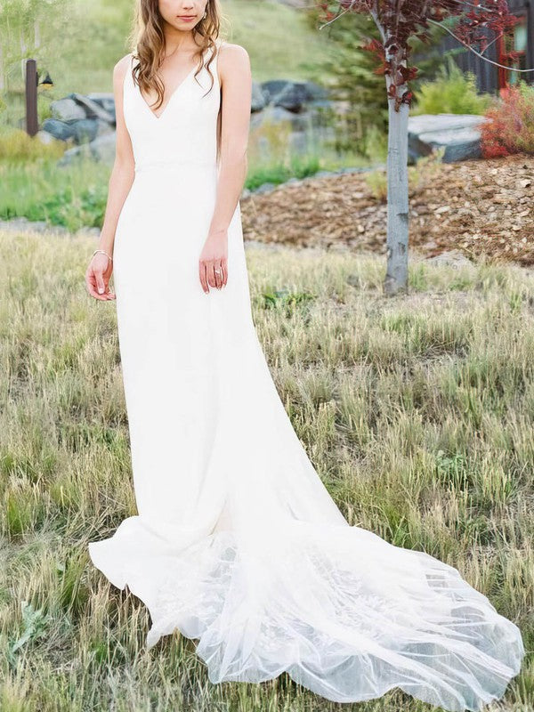 Elegant V-Neck Tulle Sheath Lace Wedding Dresses with Court Train