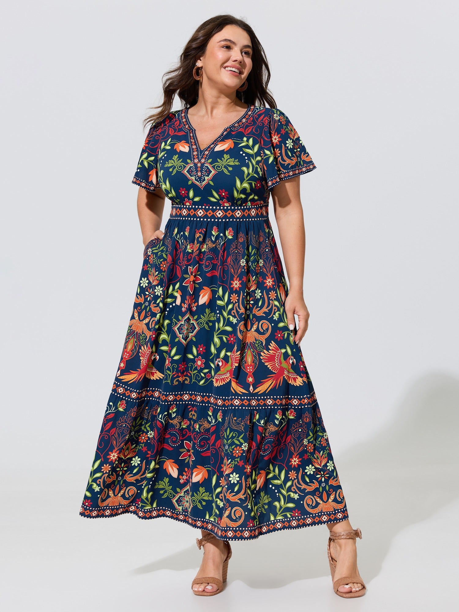 Boho Floral Print Notched Collar Tiered Maxi Dress