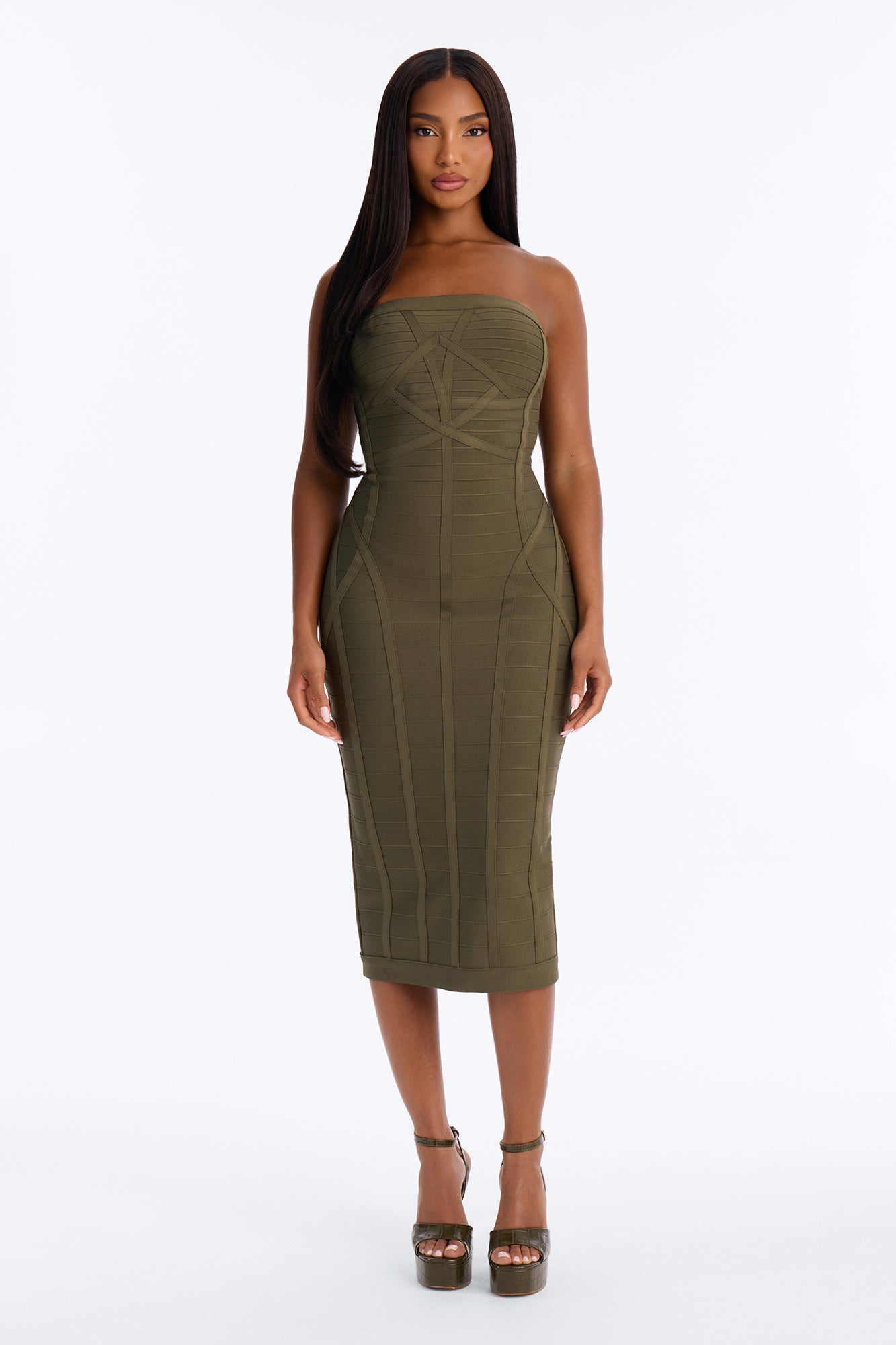 Most Wanted List Bandage Strapless Midi Dress - Olive