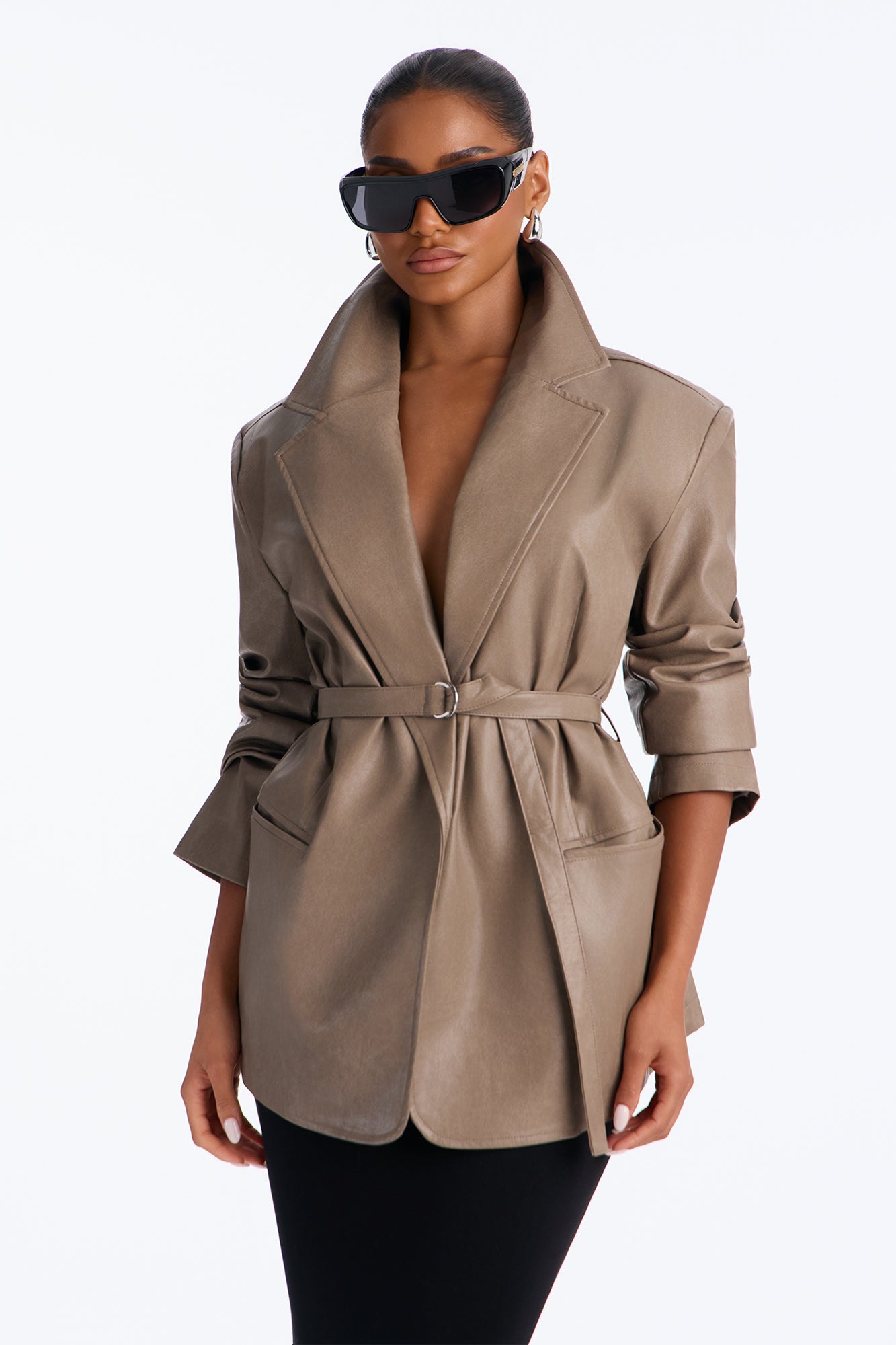 Faunie Faux Leather Belted Blazer - Taupe