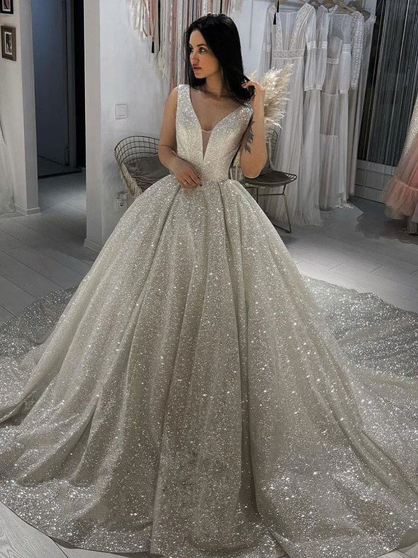 Gorgeous V-Neck Sleeveless  Ball Gown Sequined Chapel Train Wedding Dresses