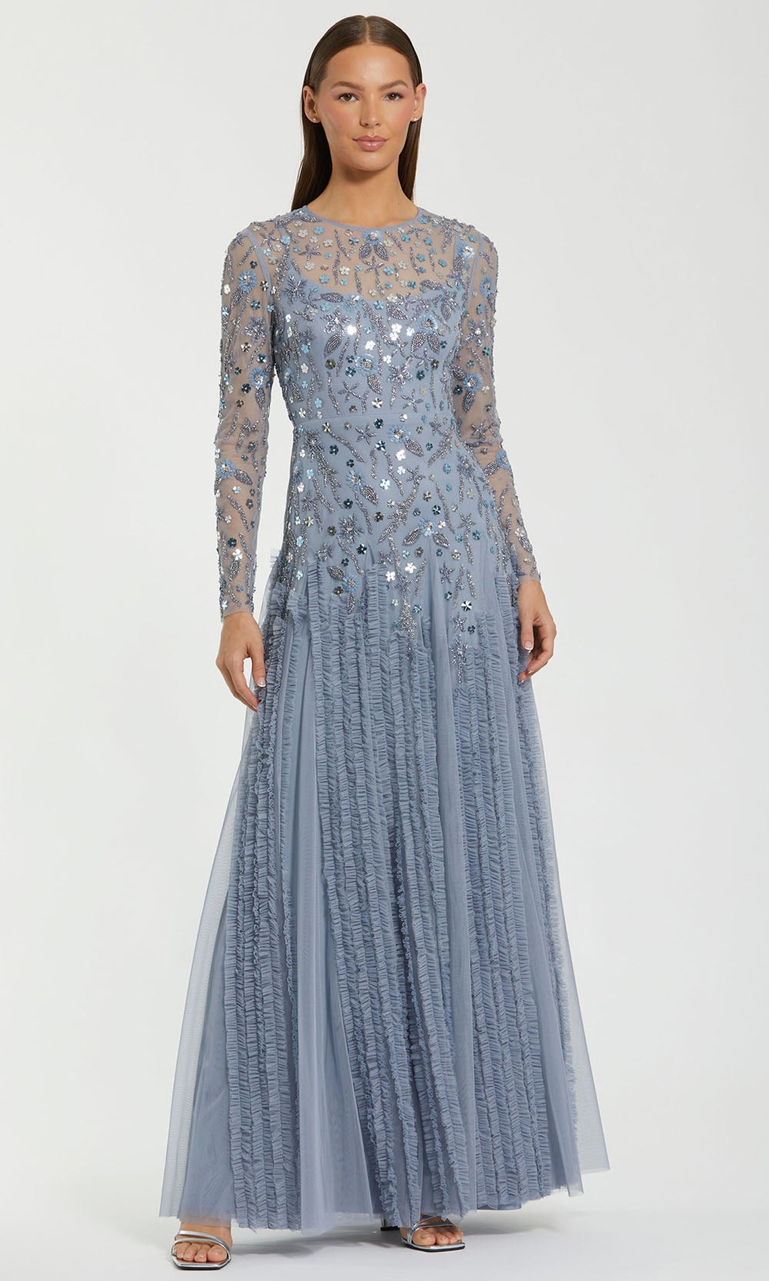 Mac Duggal 9357 - Illusion Sleeve Floral Beaded Prom Gown
