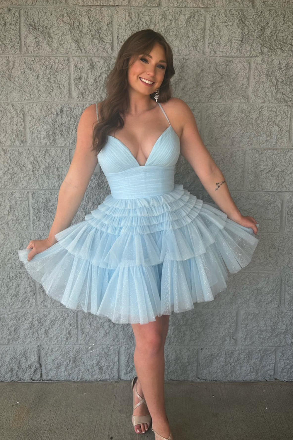 Sparkly Light Blue A-Line Tulle Tiered Short Homecoming Dress/Mini Dress