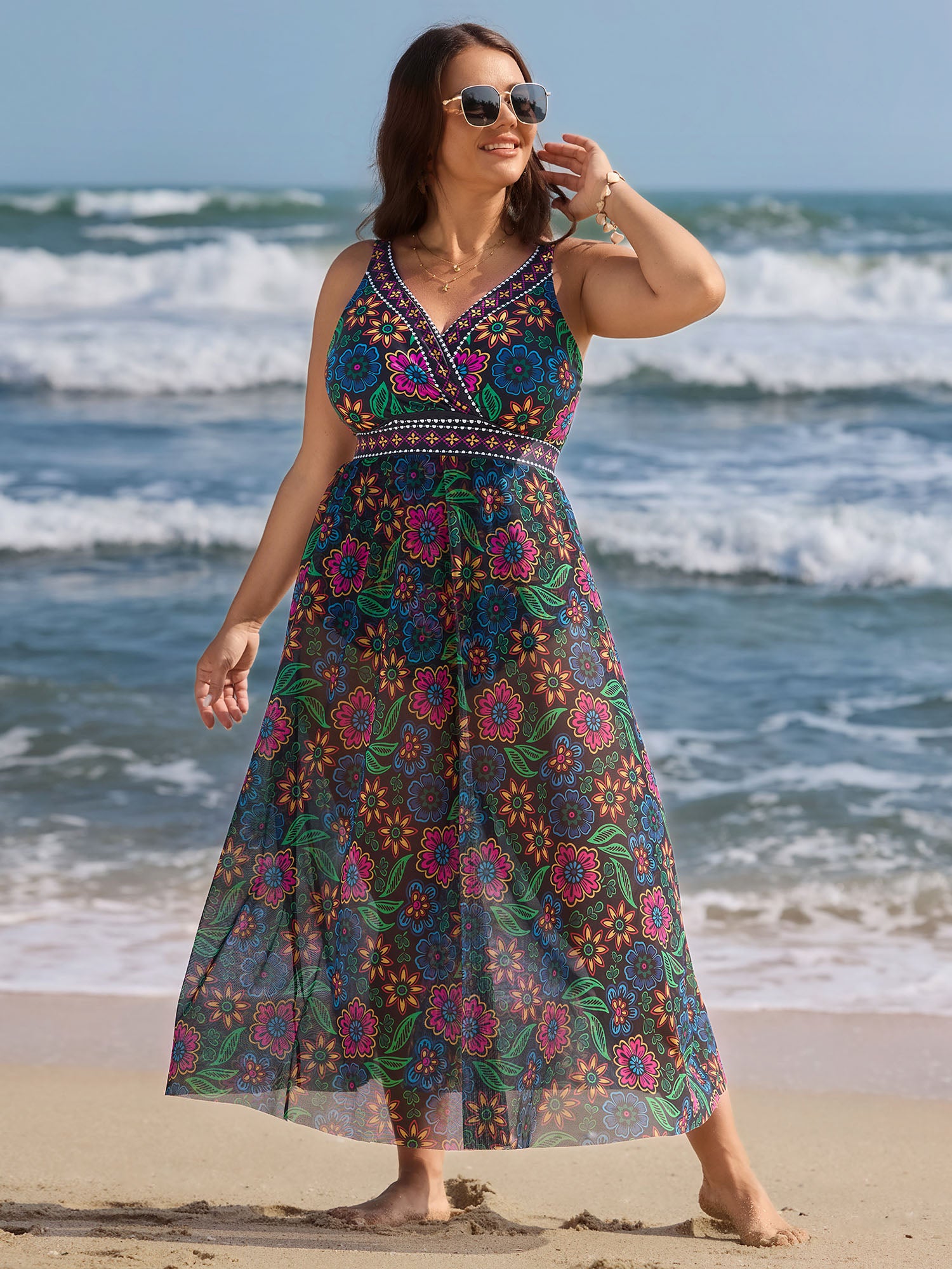 Two-Piece Sarong Floral Print One-Piece Swimsuit