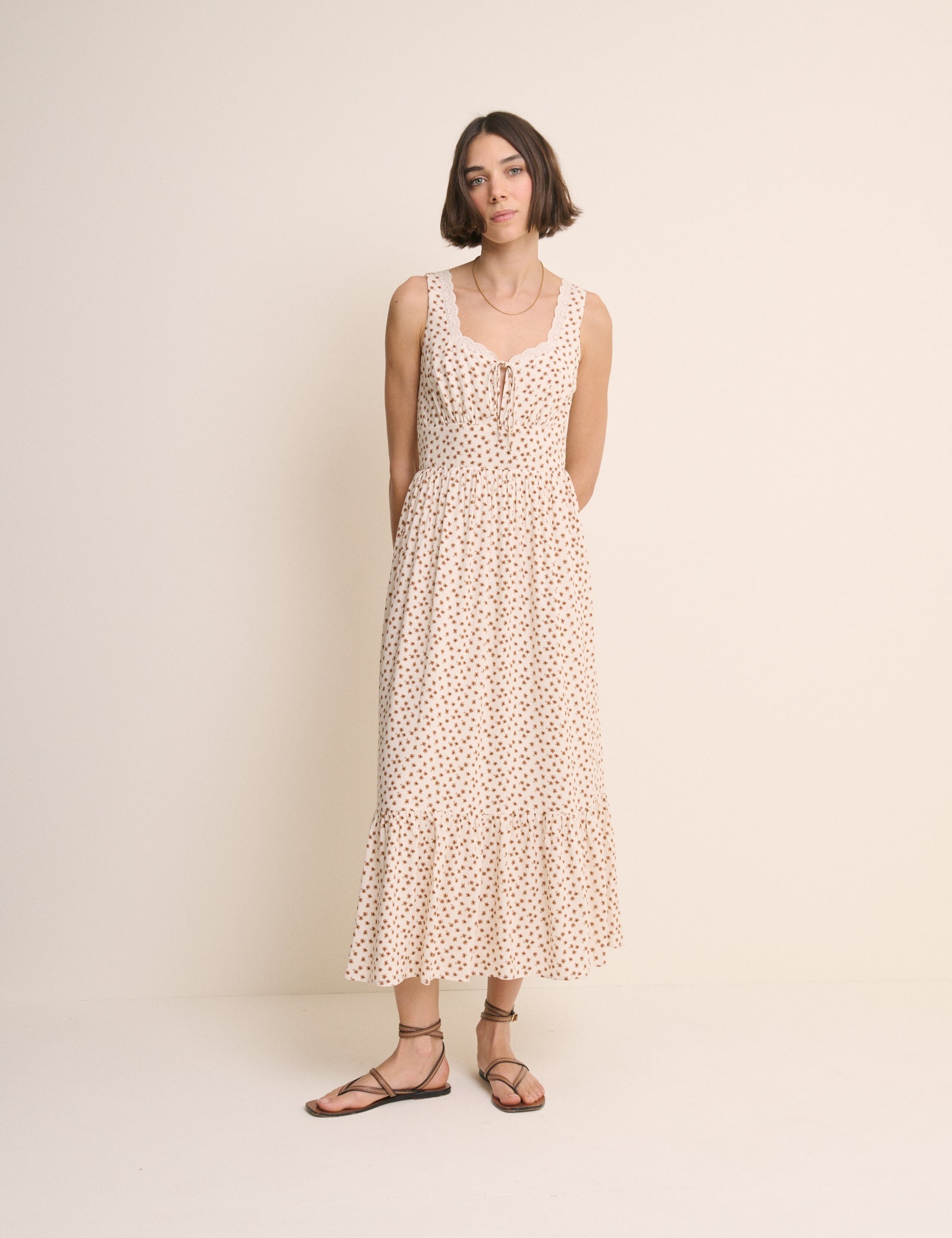 Ivory Ditsy Floral Lace Trim Heather Midi Dress