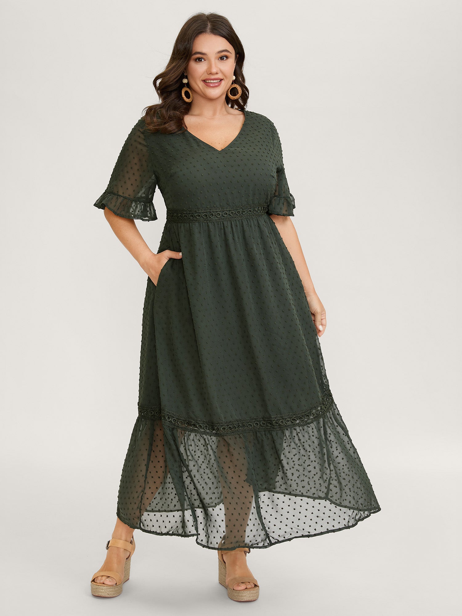 Textured Jacquard Lace Trim Ruffled Maxi Dress