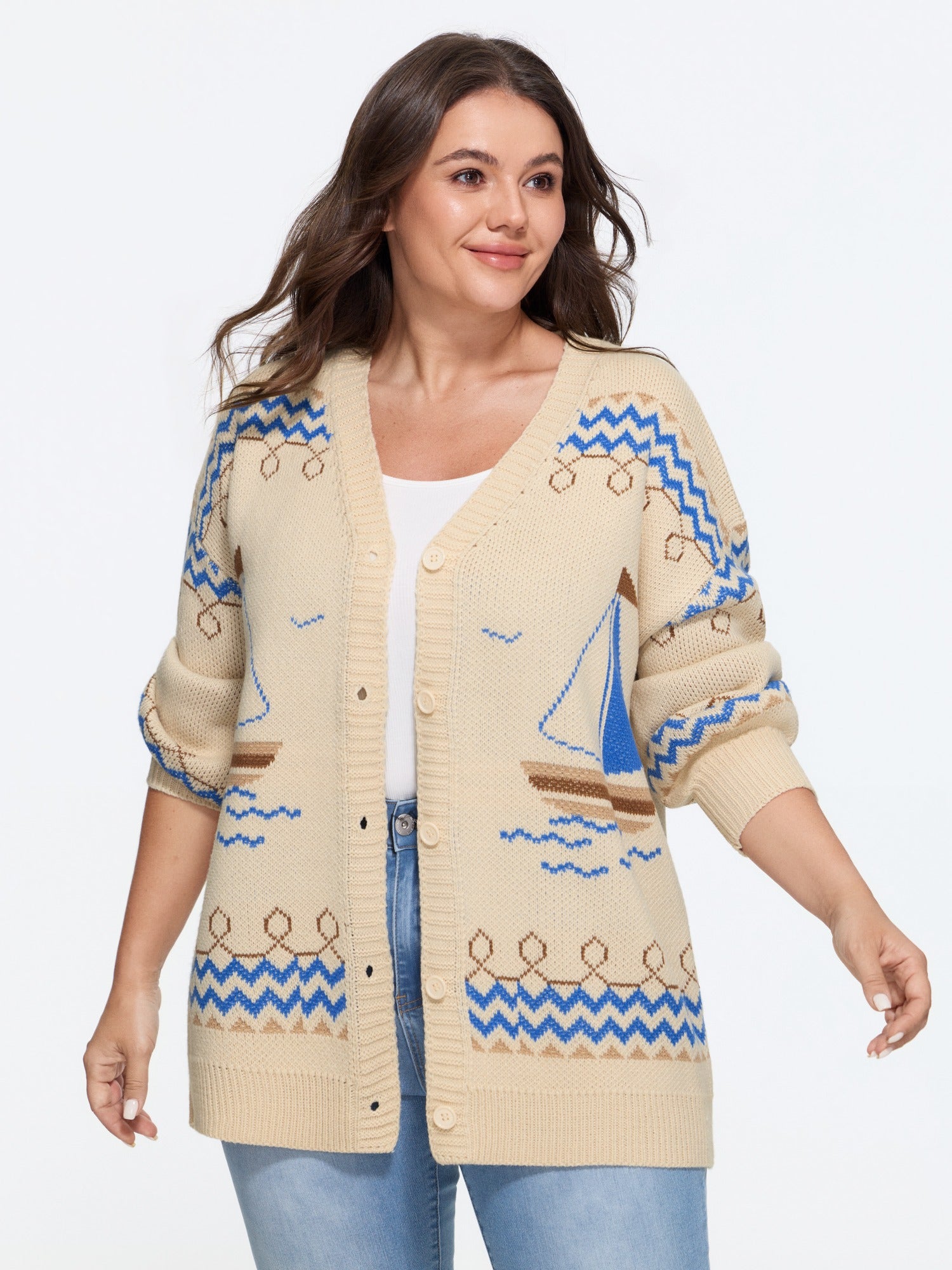 Sailboat Jacquard V Neck Button Front Cardigan