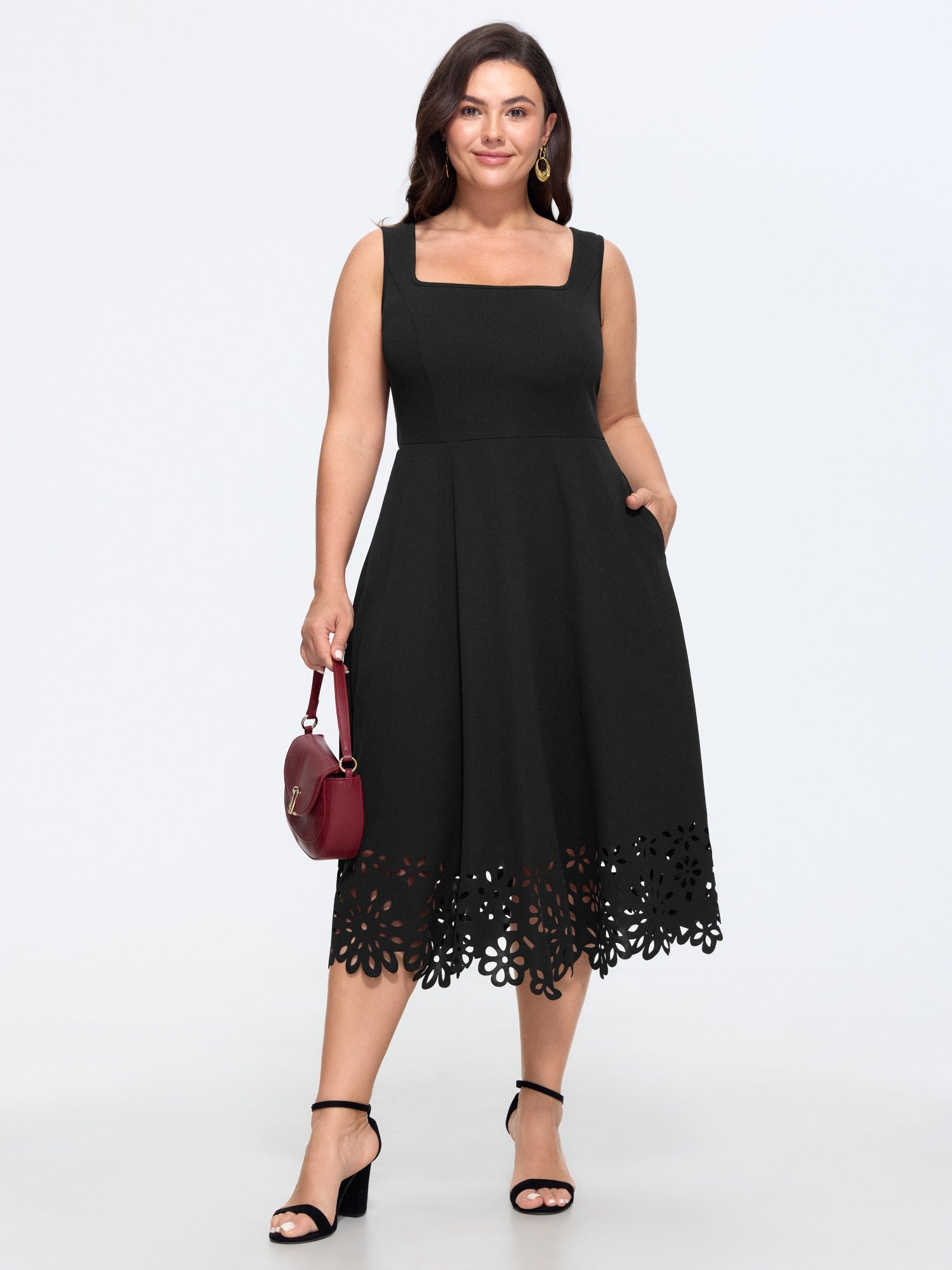 Stretchy Square Neck Floral Laser Cut Hem Midi Dress