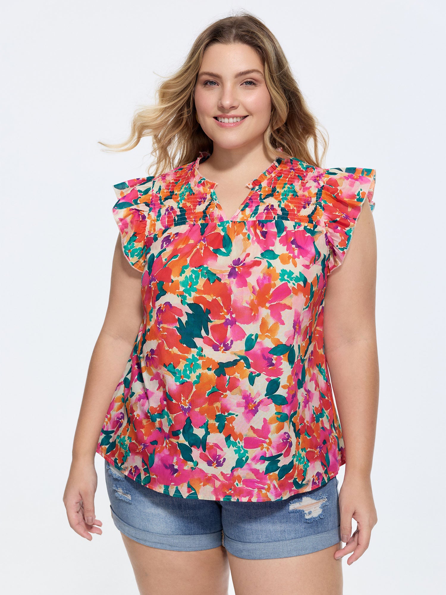 Cotton Vibrant Floral Print Flutter Sleeve Blouse
