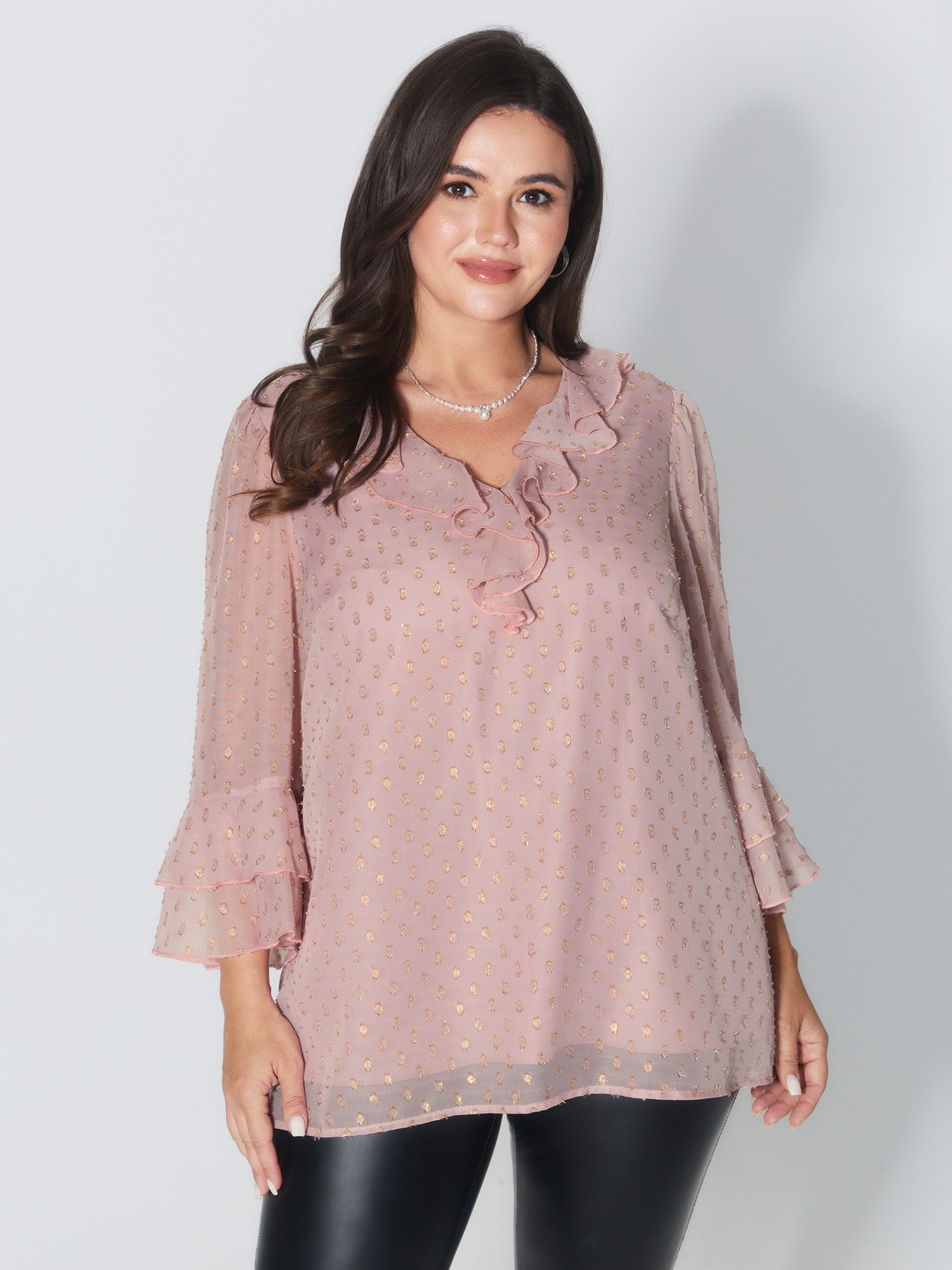 Chiffon Ruffled Neckline Layered Sleeve Blouse