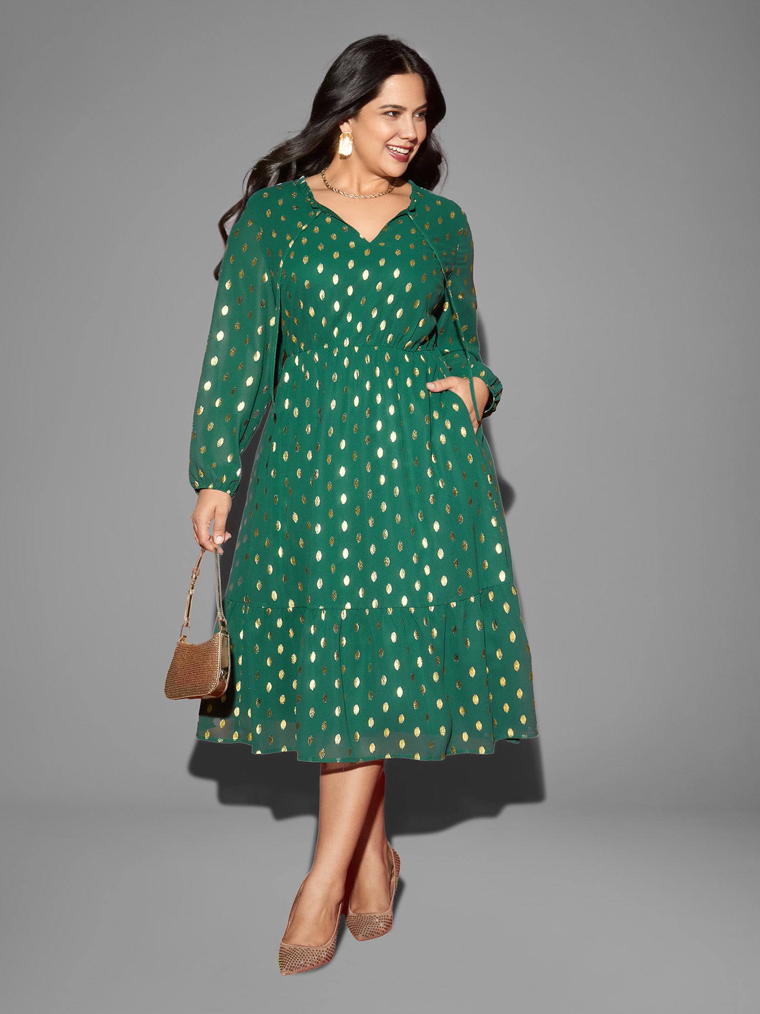 Glitter Notched Collar Tiered Hem Midi Dress