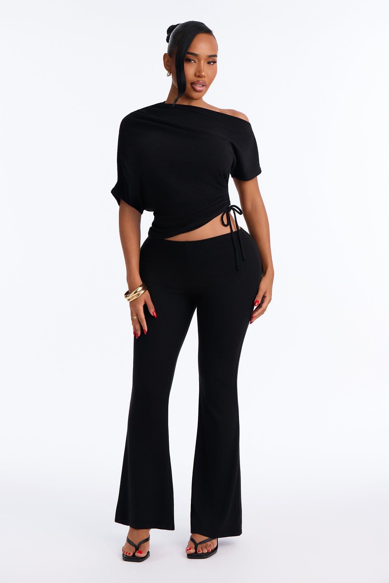 Ava Ruched Off Shoulder Flare Pant Set - Black