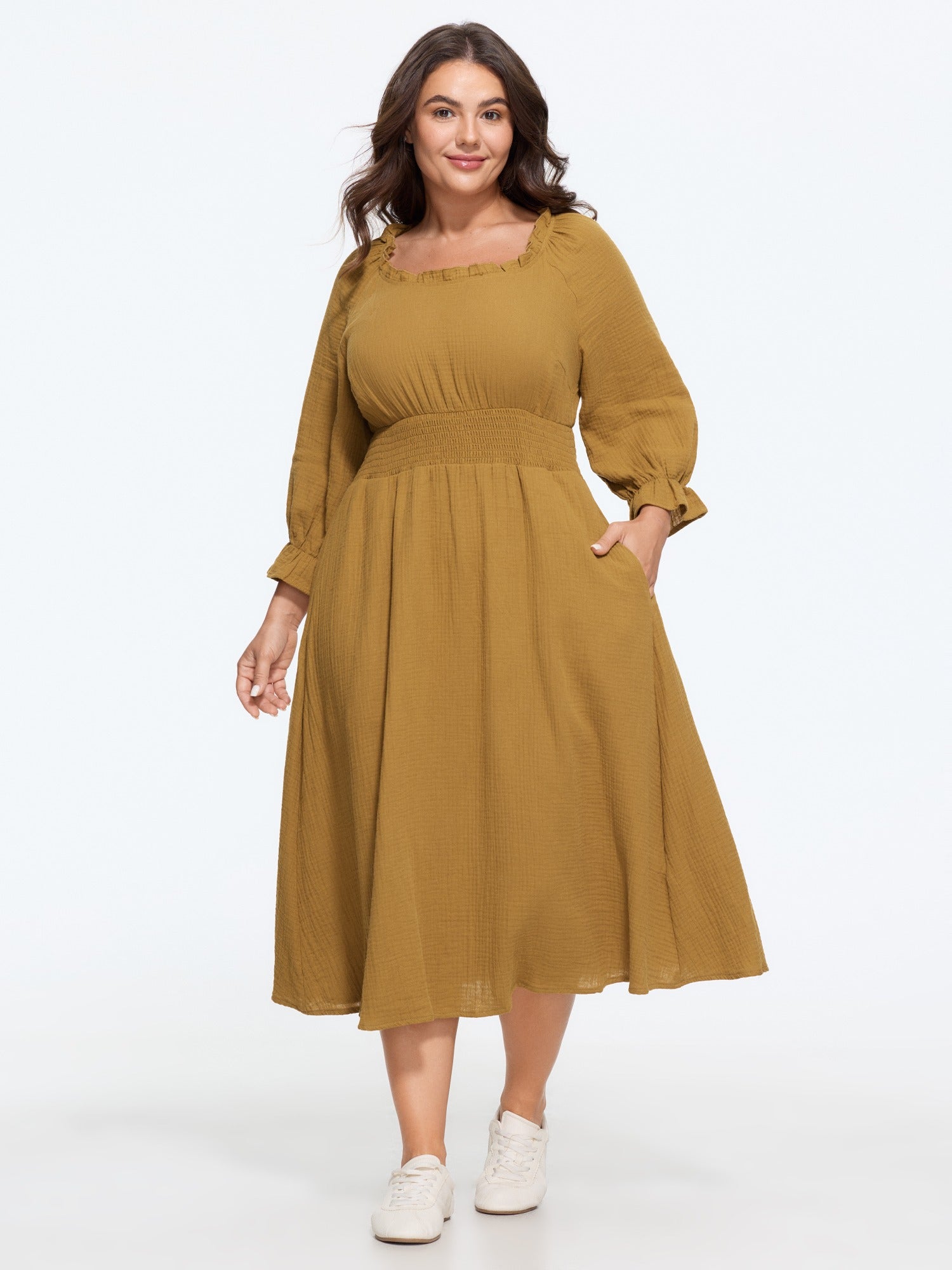 Cotton Textured Shirred Waist Ruffle Midi Dress