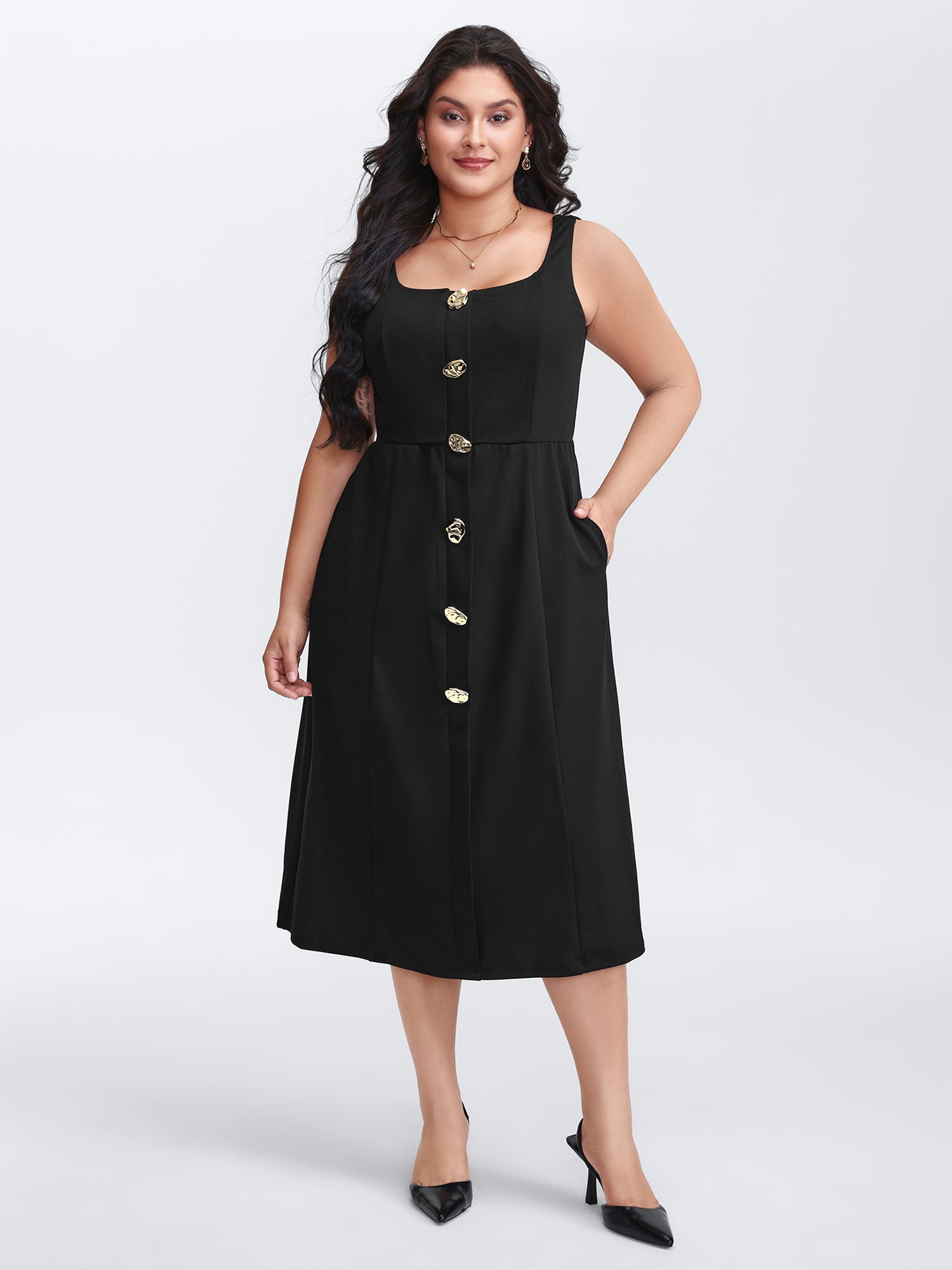 Metal Buttons Side Pockets Midi Dress