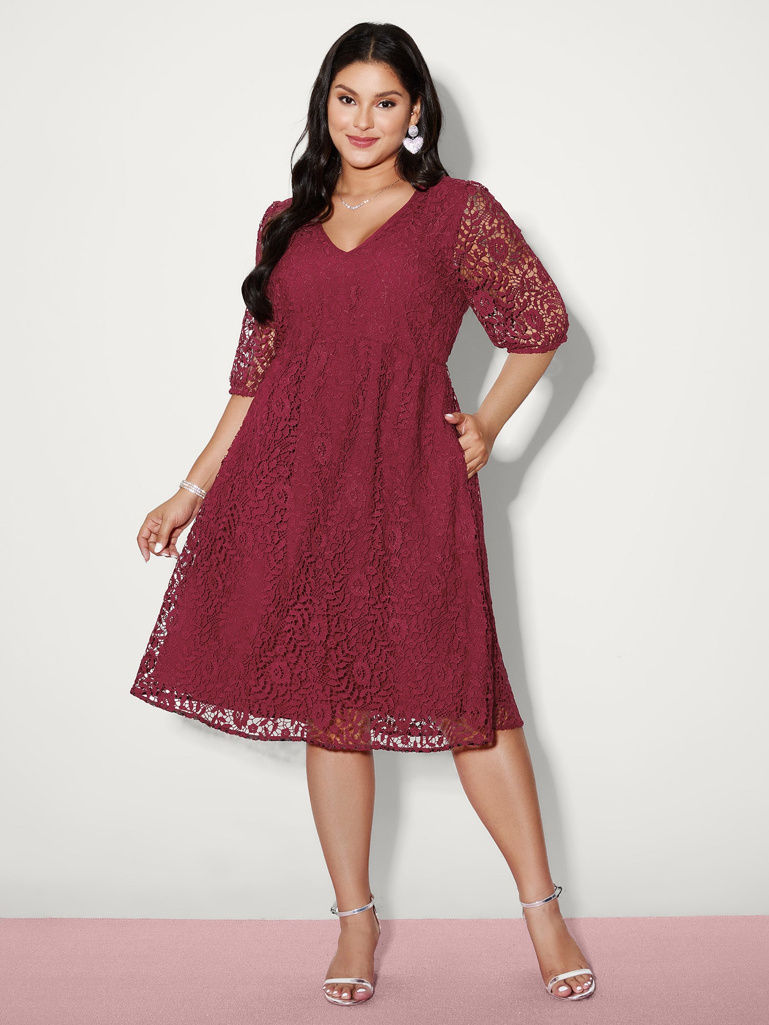 Romantic Lace Trim Puff Sleeve Midi Dress