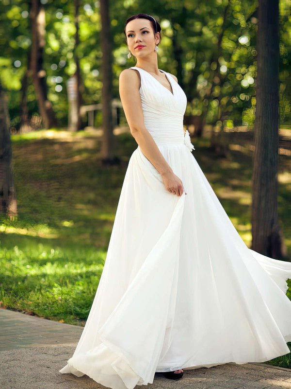 Fabulous A-Line V-Neck Sleeveless Chiffon Floor-Length Wedding Dresses with Flower