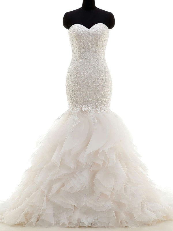 Gorgeous Trumpet Sweetheart Strapless Tulle Lace Wedding Dresses with Cascading Ruffles