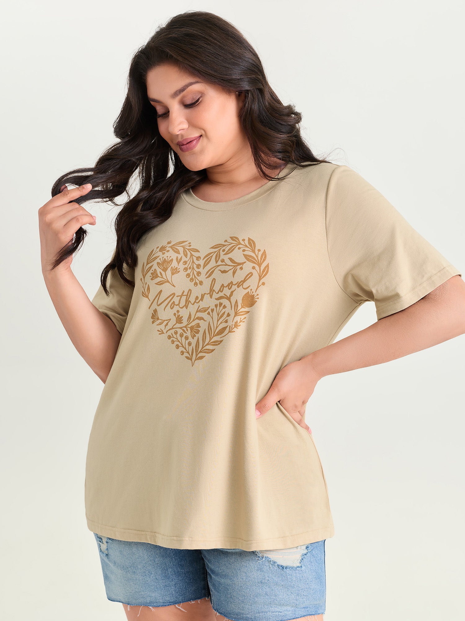 Motherhood Print Round Neck Plain T-Shirt
